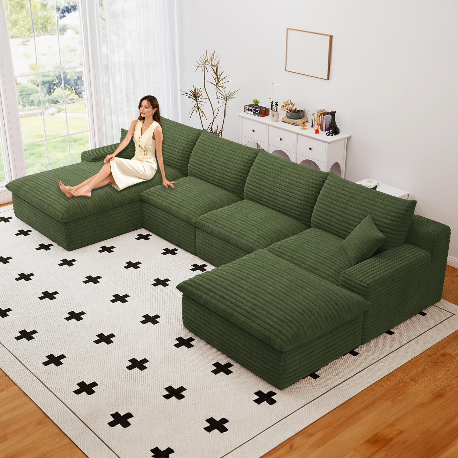 136" Cloud Couch Modular Sectional Sofa for Living Room, U-Shape Boneless Couch with Deep Seat, Modern Corduroy 4-Seater with Ottoman, No Assembly Required (Green,Left-Facing Chaise)