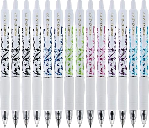 Pilot G2 Fashion Collection Premium Bolígrafos de tinta de gel, punta fina (132 pulgadas), barriles blancos con tintas surtidas, 14 unidades (15598)