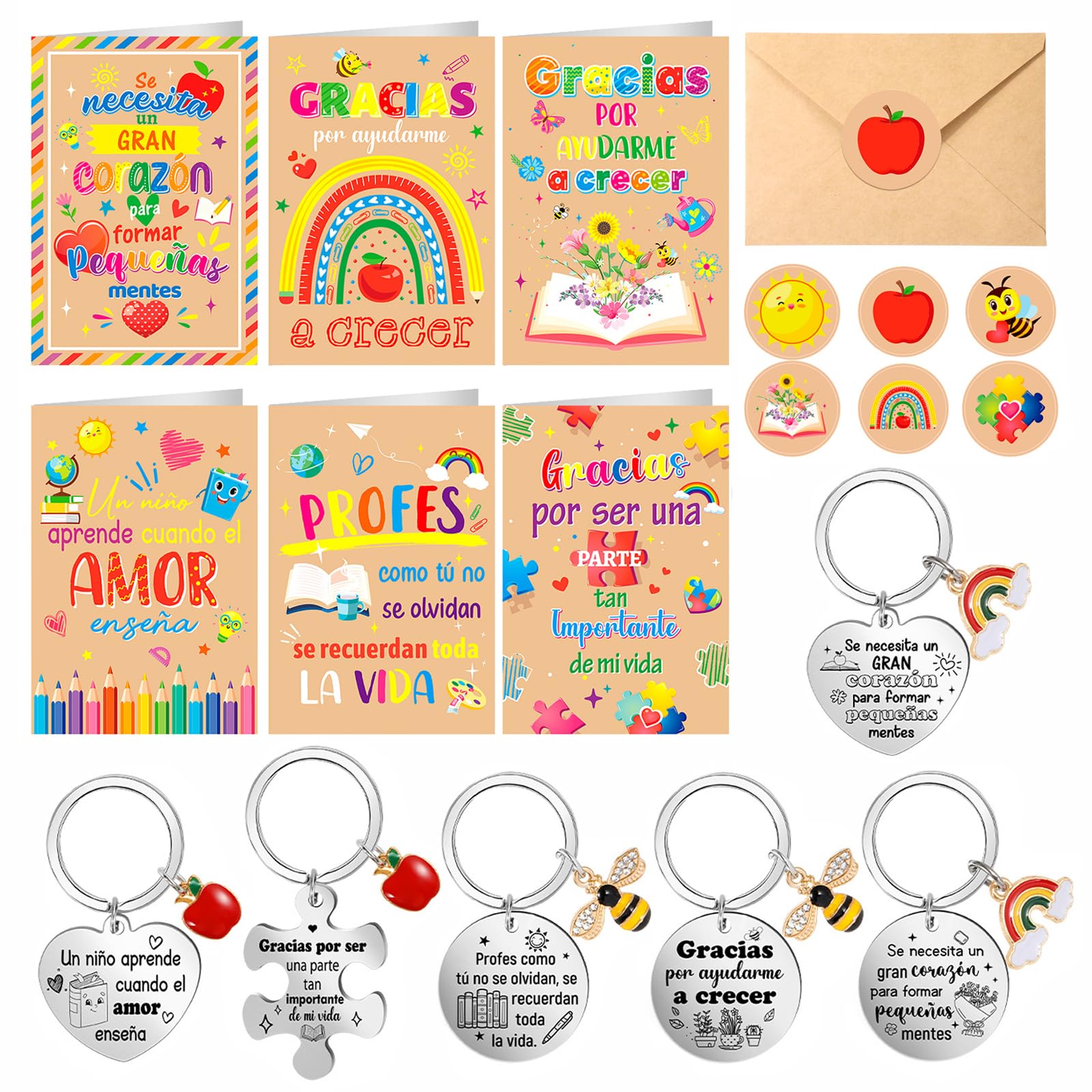 HOWAF Regalo Profesora, Regalo Profesor, 6 Tarjeta Profesor, Tarjeta Profesora Infantil & 6 Llavero Profesora, Llaveros Profesores, Regalos para Profesores Profesoras, Regalo Maestro Maestra, A