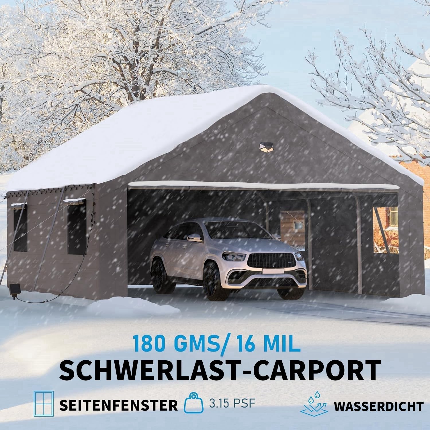 Tenda da garage extra large resistente all'inverno 6 x 6 m con finestra arrotolabile per auto, SUV, barche e camion - Pareti laterali e tetto rimovibili