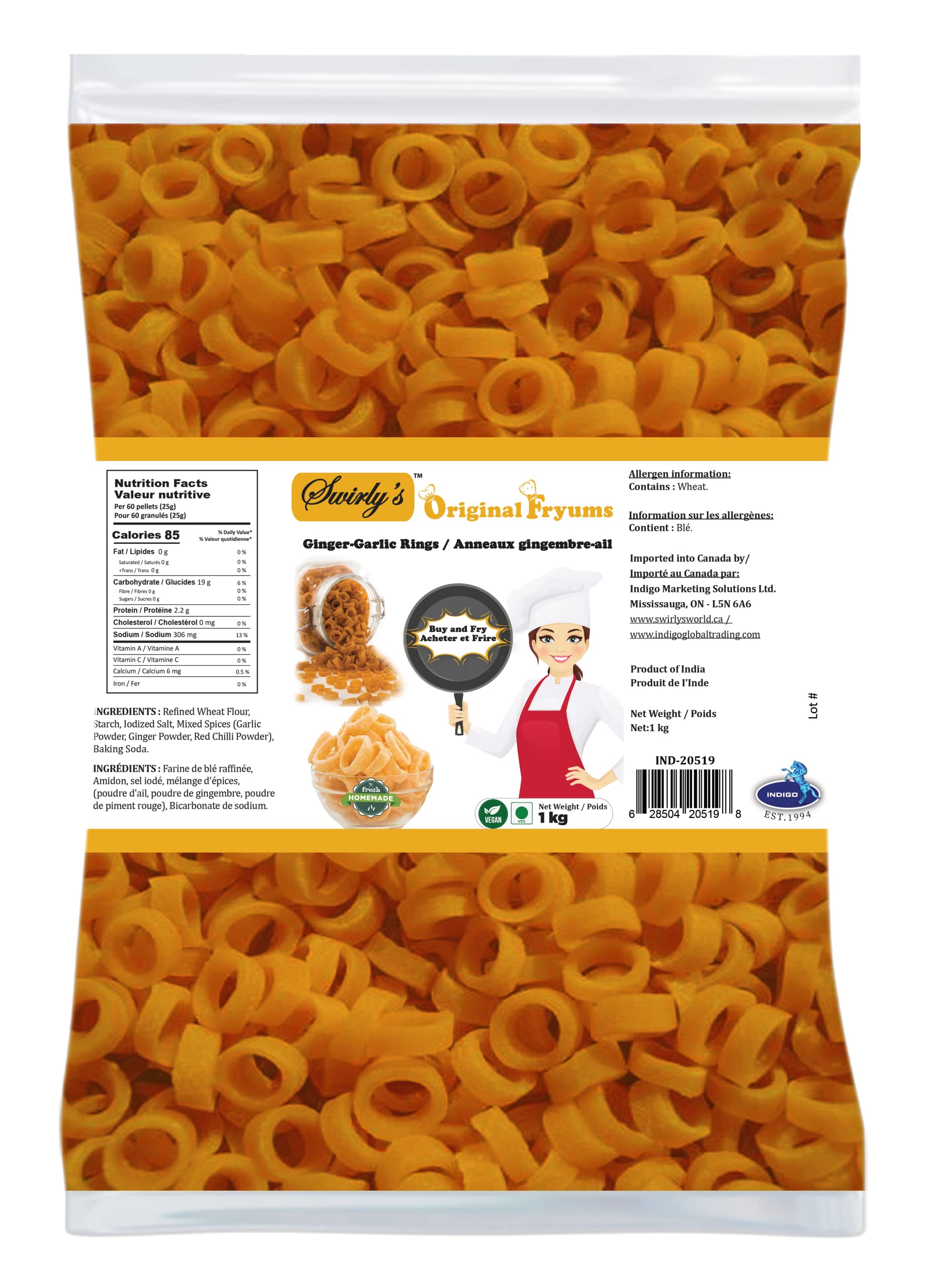Swirly'sOriginal Fryums - Classic Ginger Garlic Rings Crunchies - Vegan - Ready to Fry - Puffed Snack Chips - Chicharrones de harina - 2.2 lb Bag