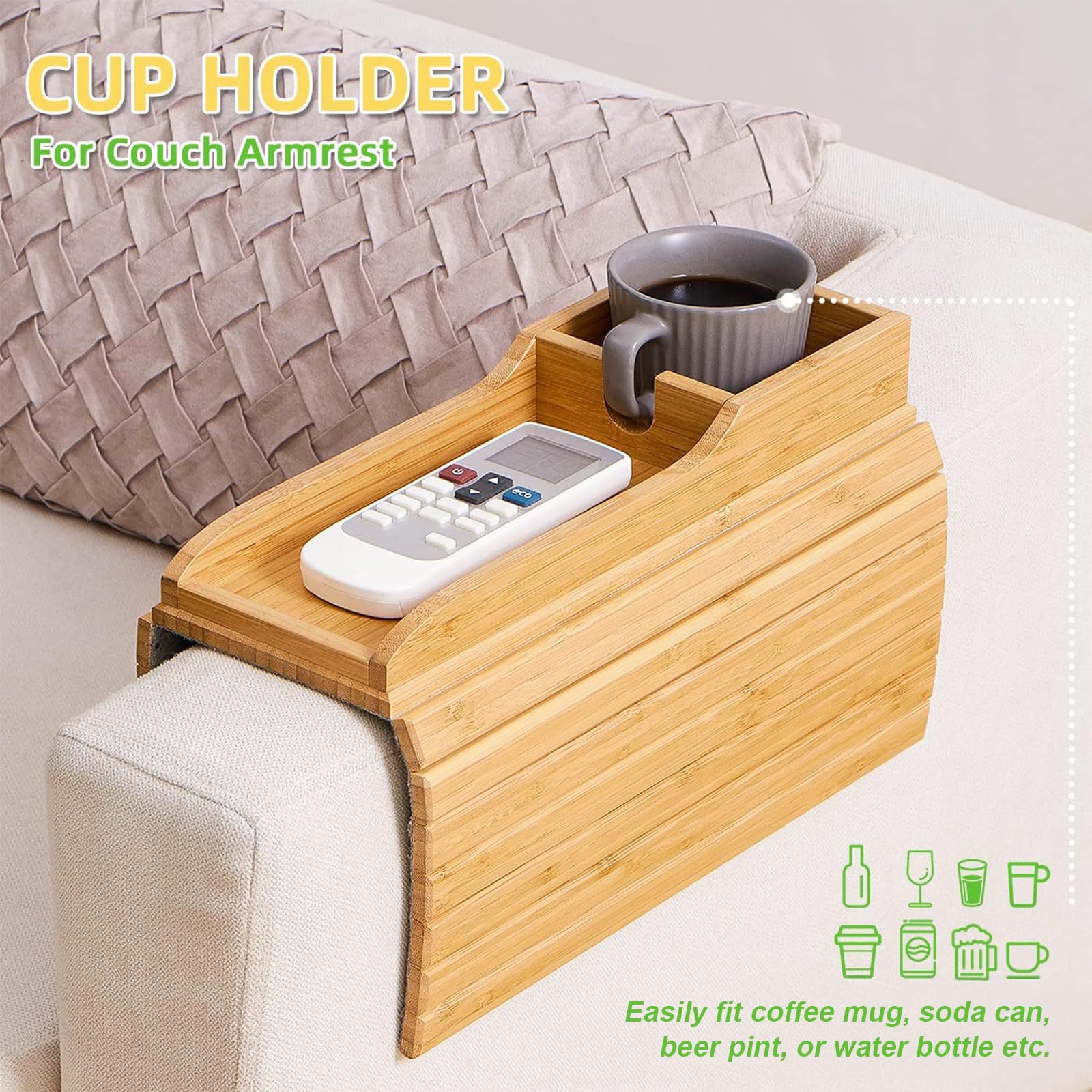 Sofatablett Armlehne, Bambus Couch Tablett Couch Armlehnentisch mit Tassenmatten, Faltbarer Rutschfestes Sofa Tablett Sofa Armlehnenablage Sofa Armlehne Ablage für Snacks (Becherhalter Stil)