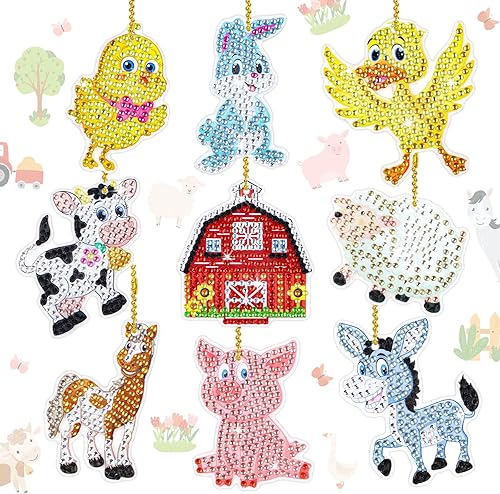 Whaline Kit de 9 llaveros de pintura de diamante de animales de granja, pollo, vaca, cerdo, conejo, accesorios de pintura de diamante, llavero 5D,