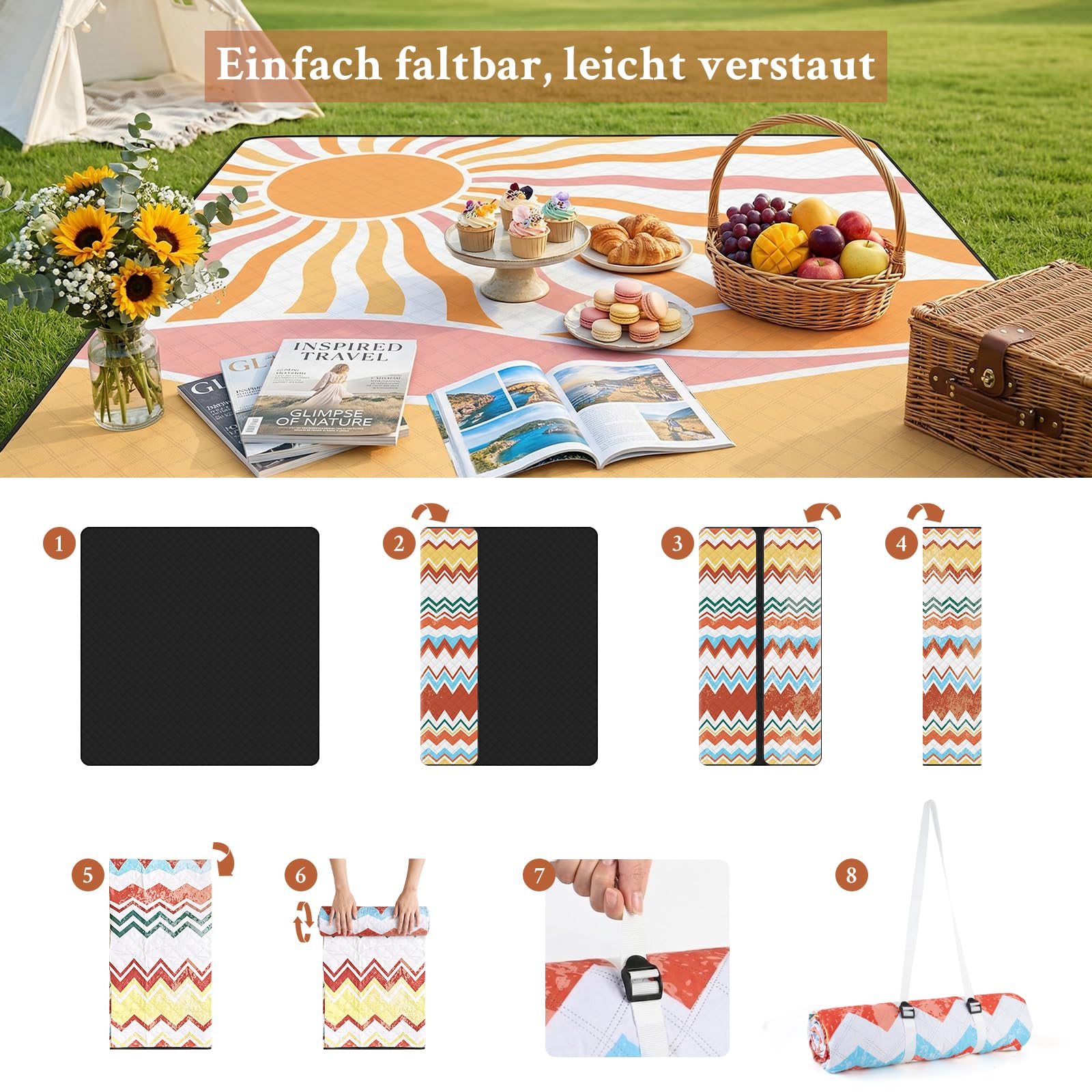 TXBOBECO Picknickdecke 200x200cm XXL, Stranddecke Wasserdicht Sandfrei, Outdoor Camping Decke mit Tragegriff & Heringen, für Picknick, Camping, Park, Garten - Sonne