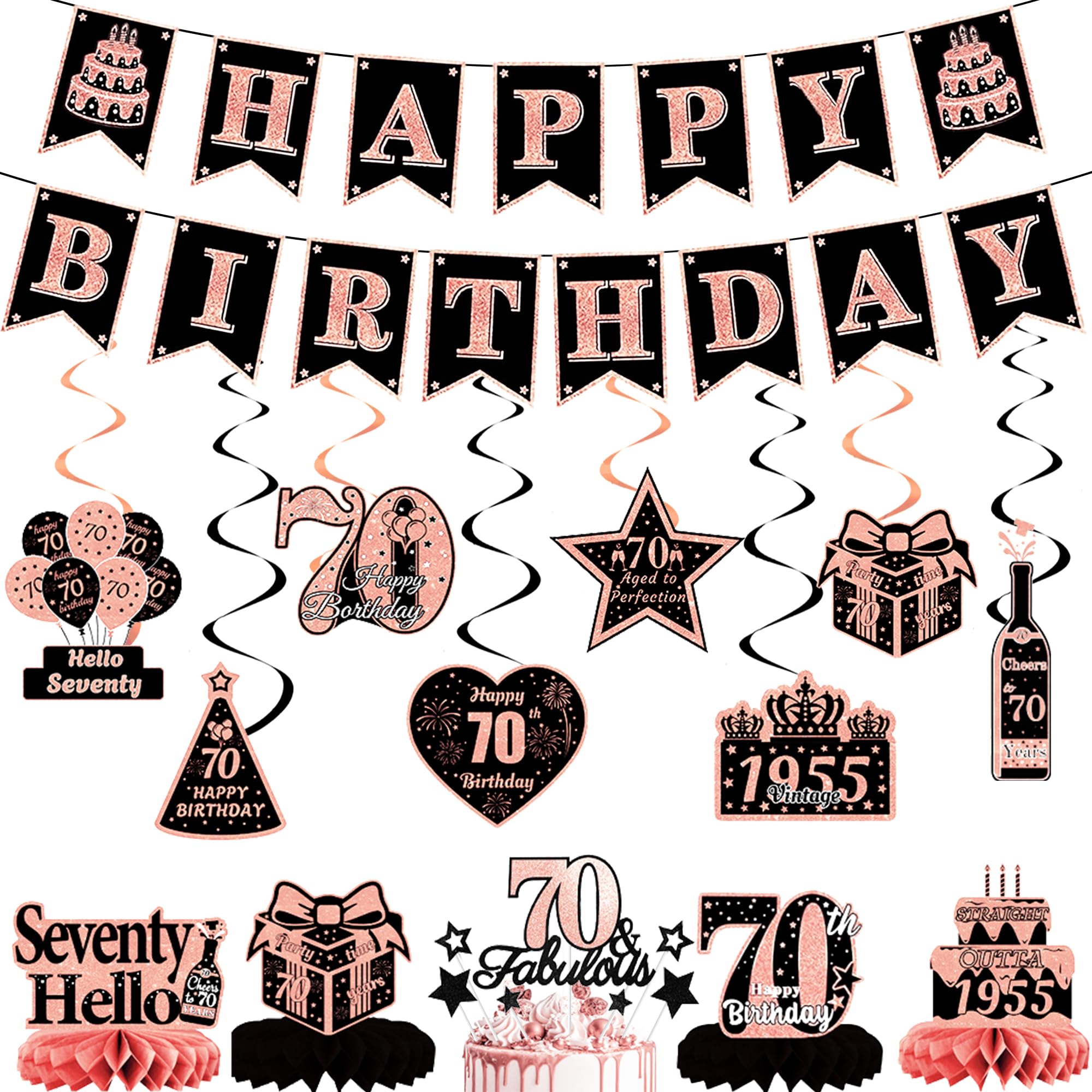 70th Birthday Decorations Party Kit - 21 Pcs Rose Gold Happy Birthday Decoration Includes Banner, Honeycomb Centerpieces, Swirls and Cake Topper for