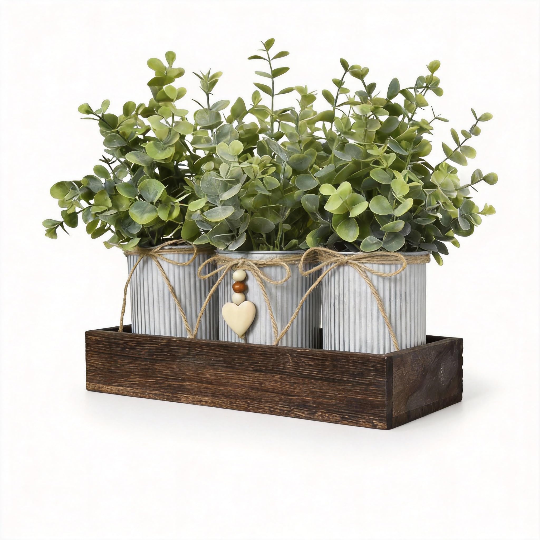 Photo 1 of CANCLEAR Rustic Farmhouse 3-Piece Artificial Eucalyptus Centerpiece – Wooden Tray with 3 Galvanized Metal Pots & Faux Greenery – Table Decor for Dining Room, Kitchen, Living Room, Bathroom, Office