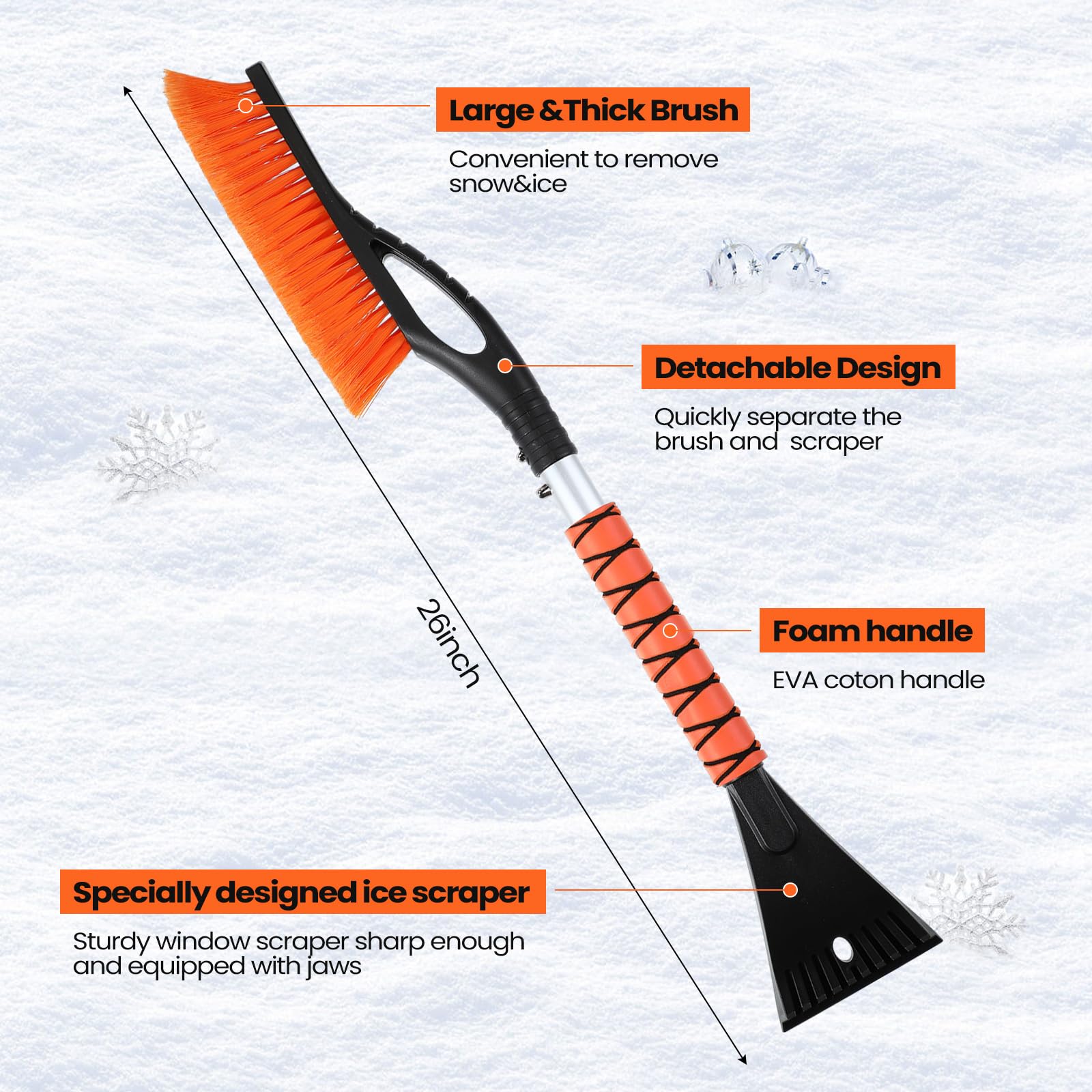 Yahenda 6 raspadores de hielo y cepillo de 27 pulgadas para coche, cepillo de nieve desmontable y raspador de hielo para coche con agarre de espuma para parabrisas, SUV, camión, automóvil y vehículo
