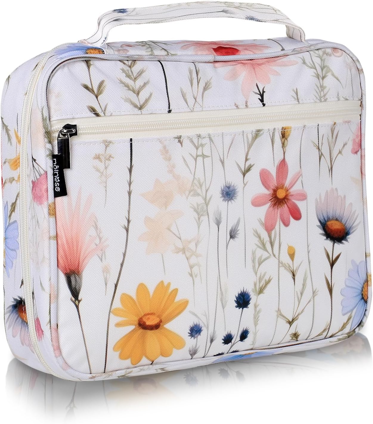 Large Bible Case for Women 11x9x3inch, Waterproof Thick Oxford Fabric White Wildflower Bible Cover with Handle, Pockets, Zipper, Aesthetic Floral Bible Bag for Study & Church