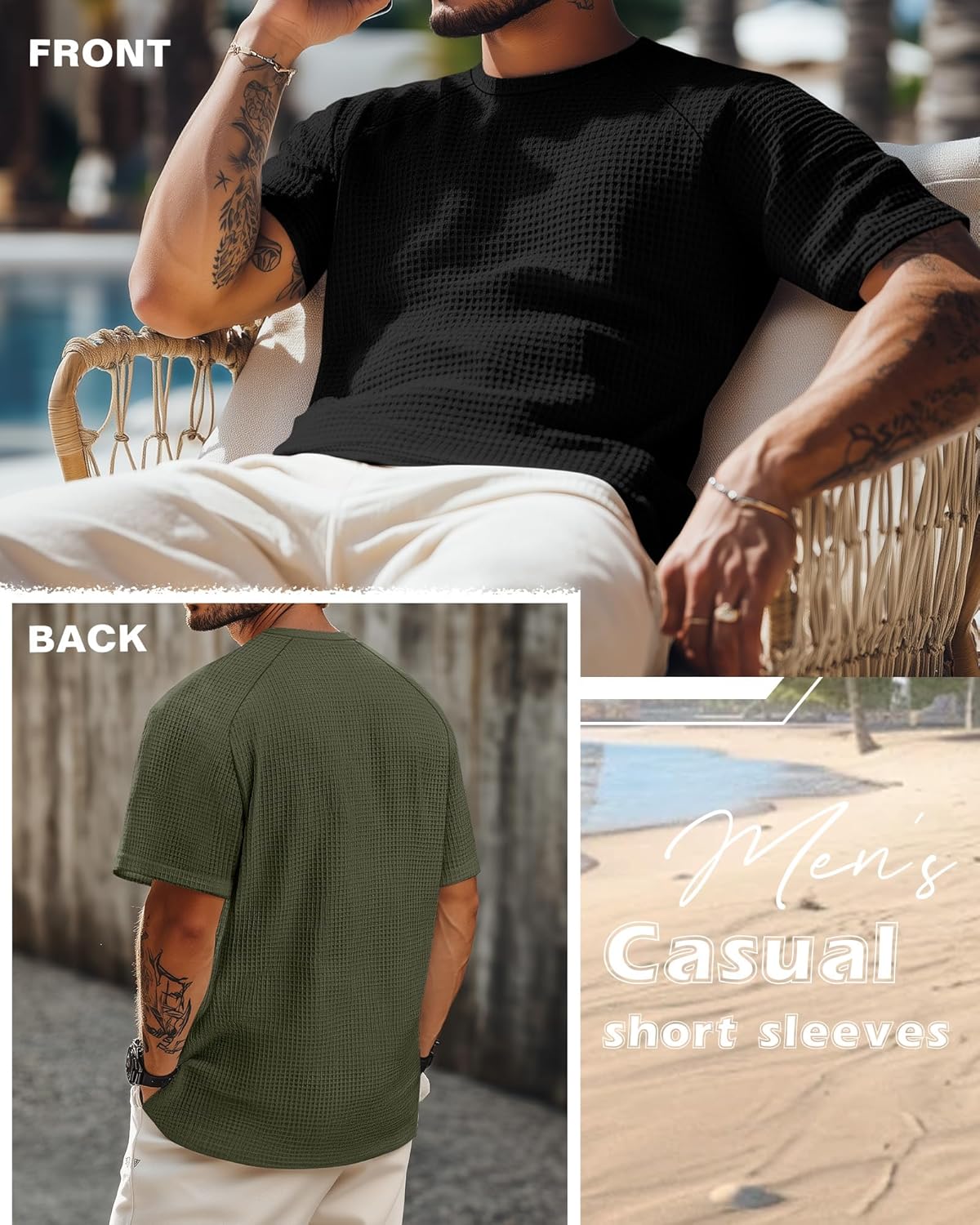 Riyiper 3 Pack Men's Big and Tall Waffle Knit Shirts Short Sleeve Crewneck T-Shirts Solid Raglan Sleeve Casual Pullover Tees - Image 3
