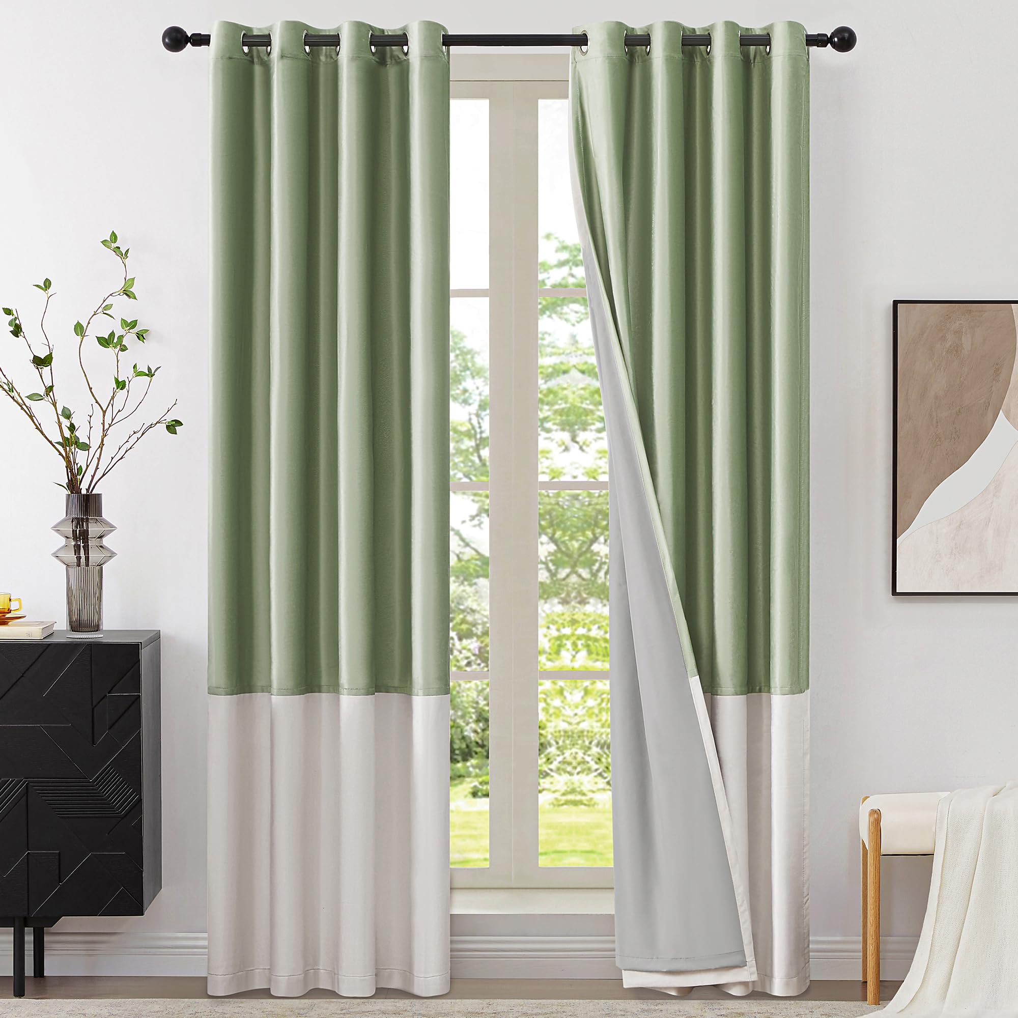 BULBUL Modern 100% Full Blackout Velvet Curtains,Sage Green Ivory 120 inches Long Liner Curtains Thermal Drapes Panels for Living Room Bedroom Grommet Set of 2