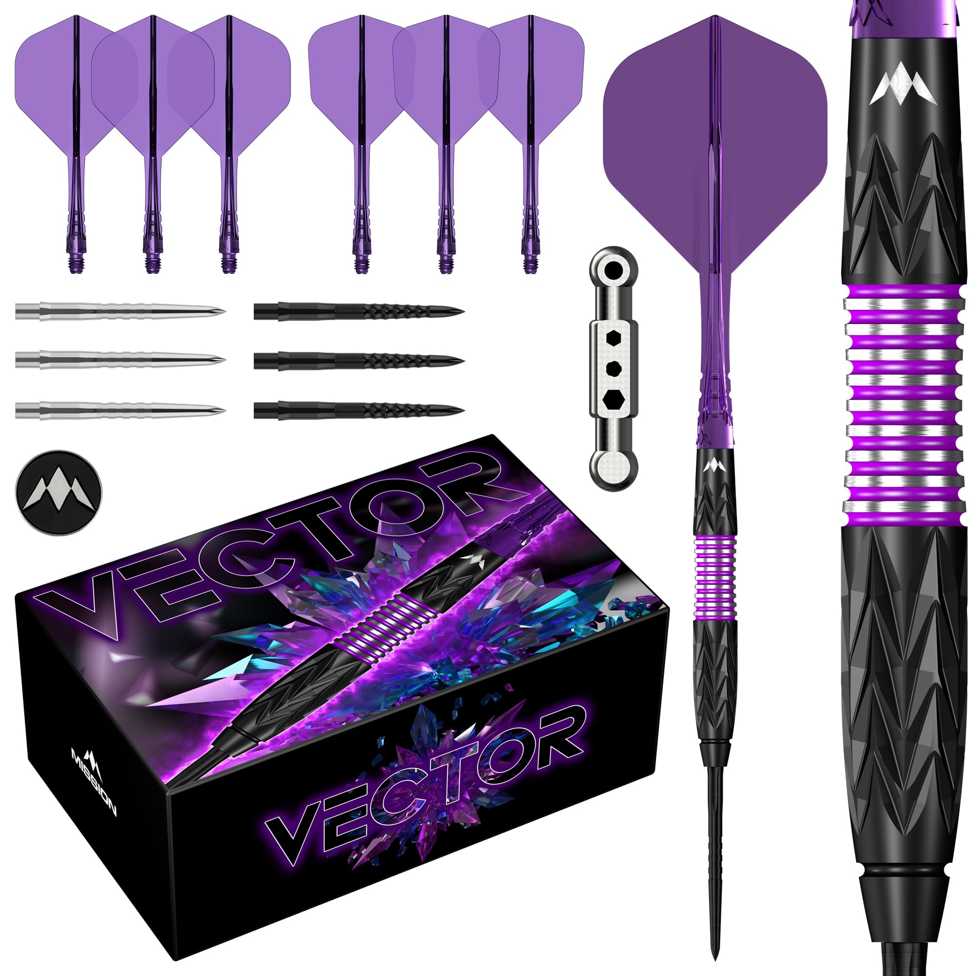 Mission Darts | Vector | Steel Tip Darts | 95% Tungsten | Black PVD & Purple Electro | 22g & 24g Available (24, Grams)