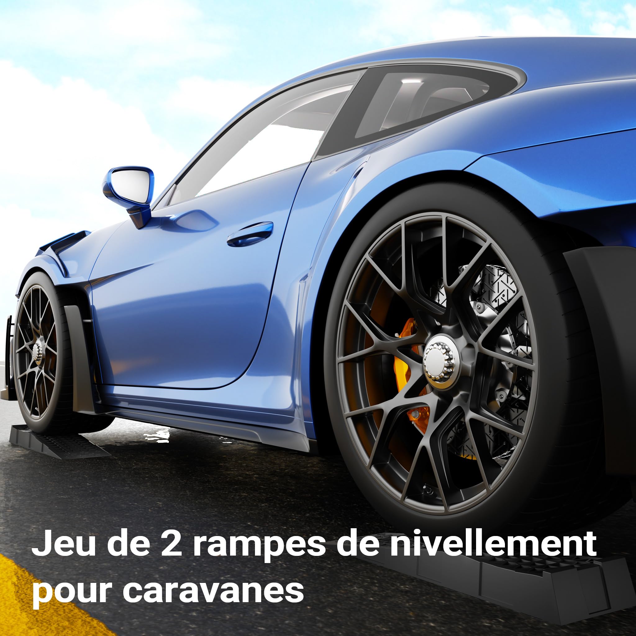XPOtool Lot de 2 rampes Voiture d’accès Extra Plates – 700 x 200 x 78 mm – en PP Robuste – capacité Max. 3,5 t – Cales de Roue véhicule Chargement accès Caravane Camping Car Remorque