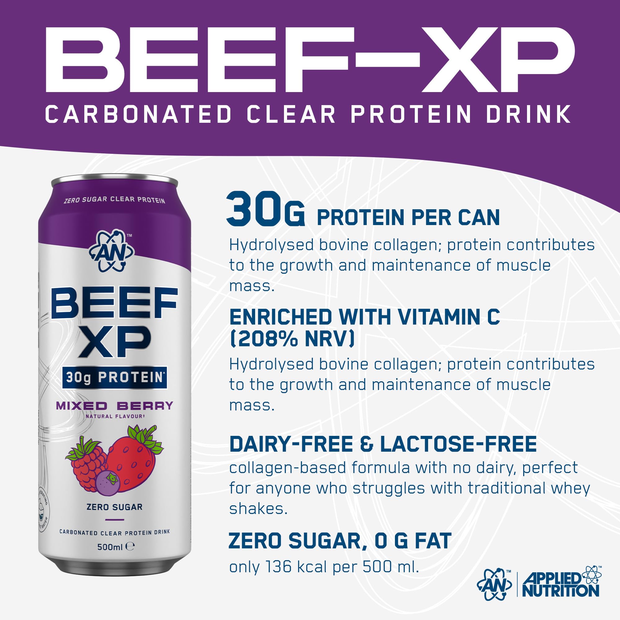 Applied Nutrition Beef-XP Can Drink 30g Clear Protein RTD, ZeroSugar Protein, carbonated protein drink, promotes muscle recovery (12-pack of 500ml cans) (Beerenmischung)
