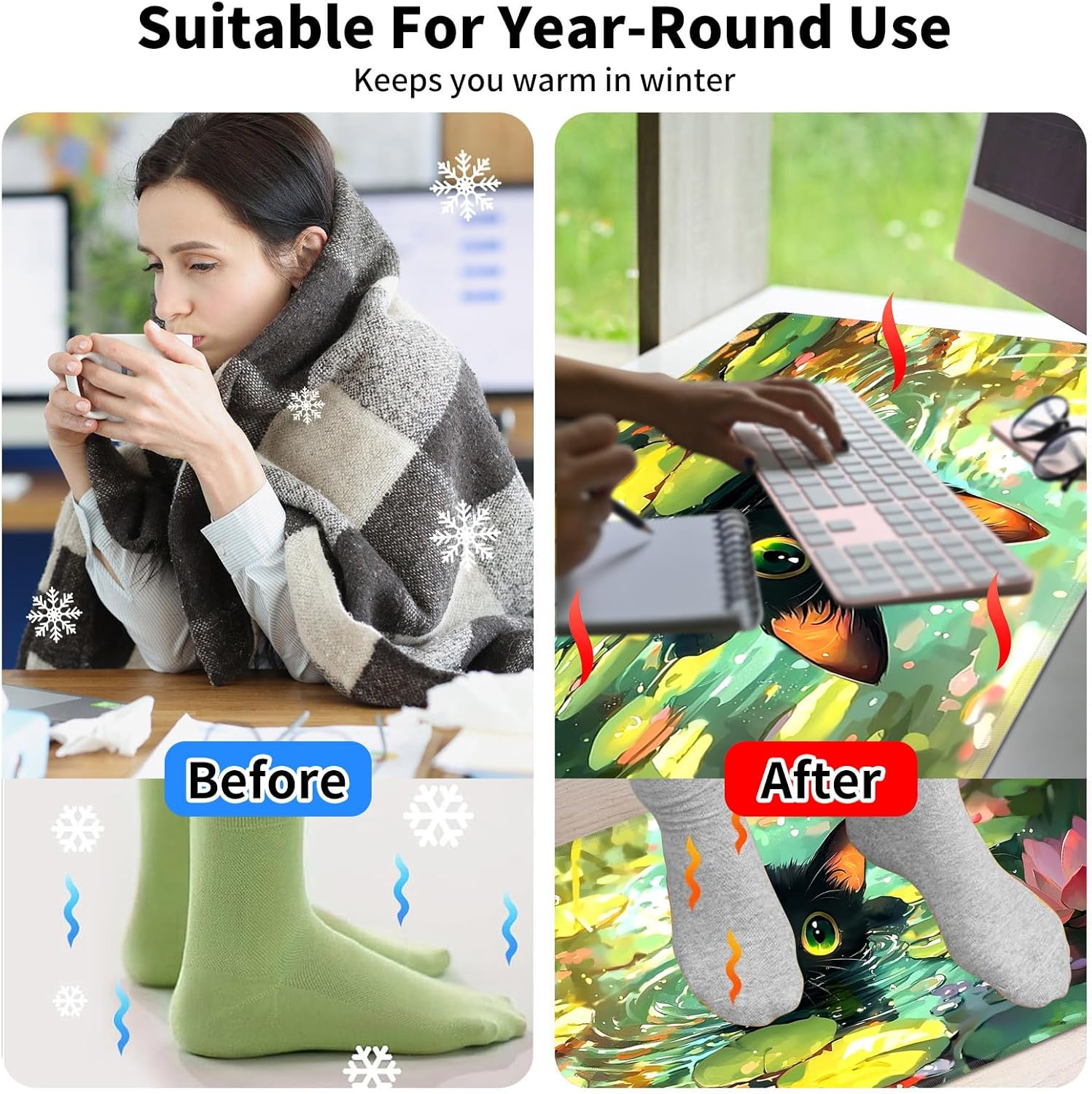 Warm Desk Pad,Heated Desk Pad,Office Mat,3 Heating Levels & 3 Hours Auto Shut-Off,31.5"*13" Gaming Mouse Laptop Keyboard Leather Desk Mat,Cartoon Lotus Cat