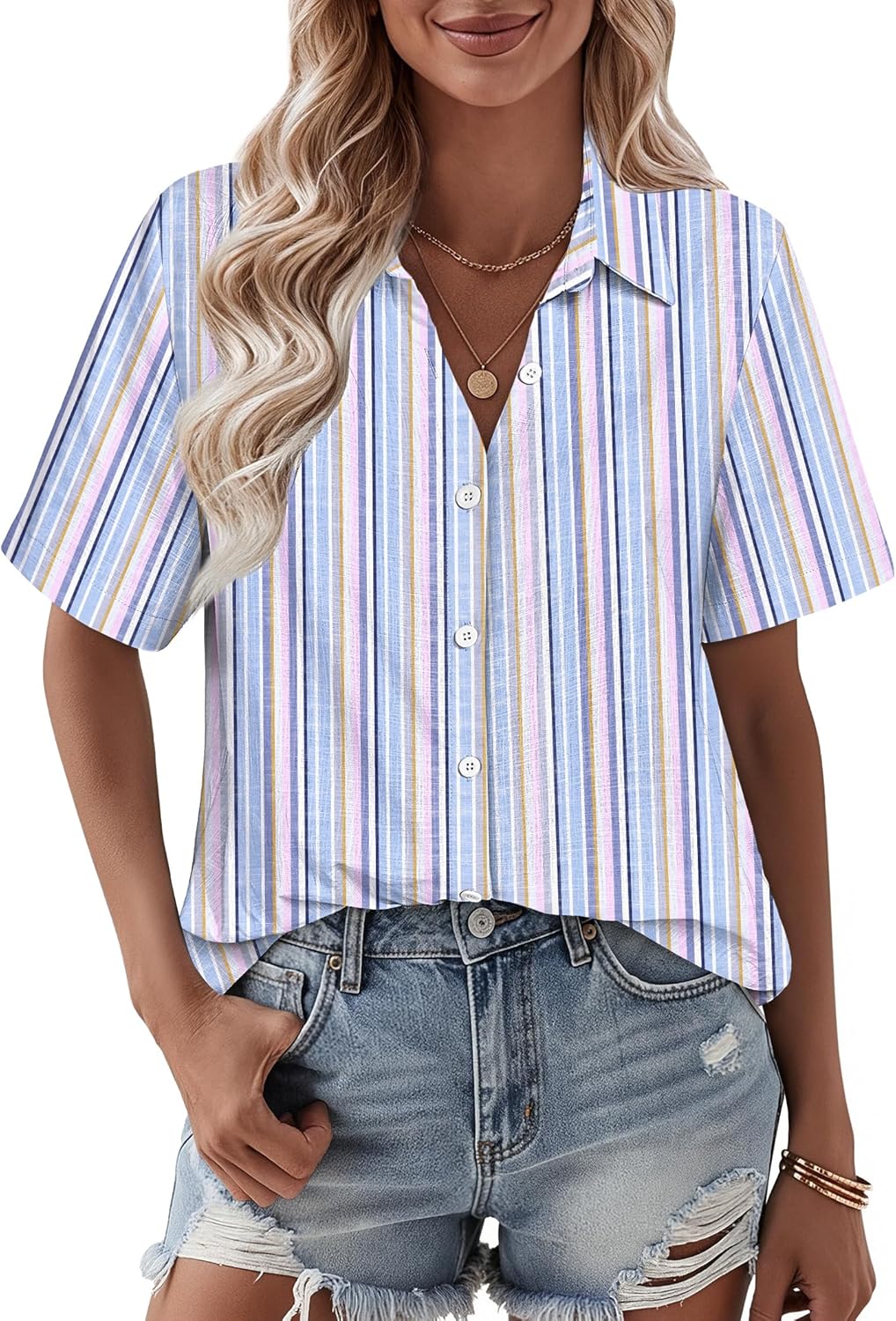 Zeagoo Women Linen Button Down Shirts Short Sleeve Blouse Business Casual Tops Dressy Summer Outfits