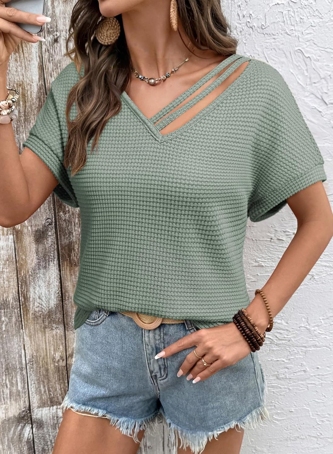 Dokotoo Womens Summer Tops 2026 Waffle Knit Short Sleeve V Neck Cut Out Shirts Loose Tunic Tops Blouses - Image 2