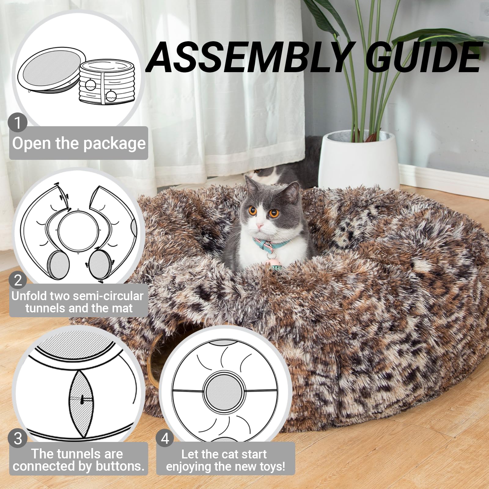 Cama tipo túnel de felpa cálida y esponjosa con cojín lavable, tubo grande, juguetes de 3 pies de diámetro, plegable, para interiores, gatos, gatitos, cachorros, conejos, hurones, leopardos