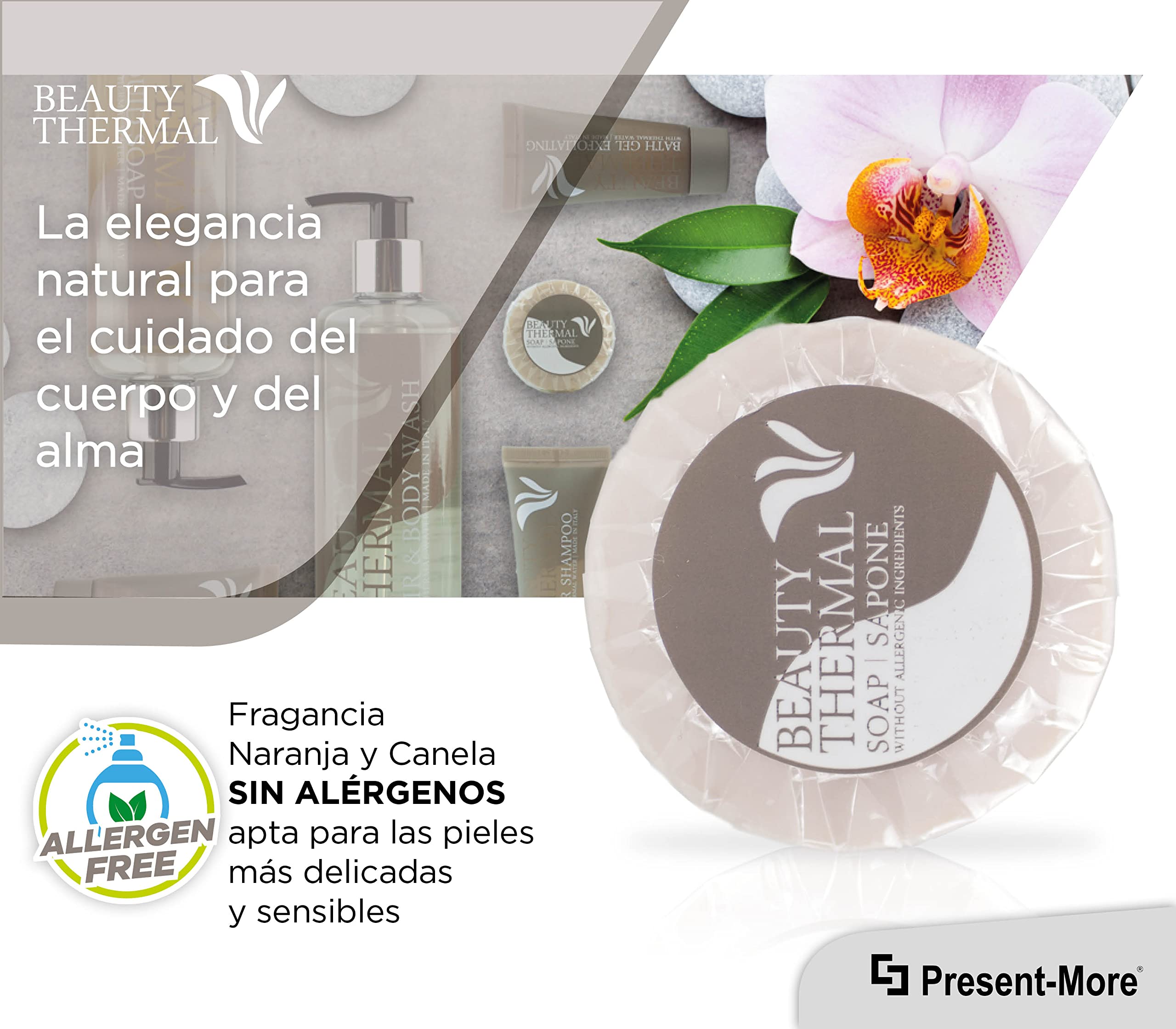 Present-More Jabon manos 25gr Beauty Thermal - Soap 250 unidades para Hoteles y B&B | Jabon sin alérgenos con fragancia Arancia y Canela