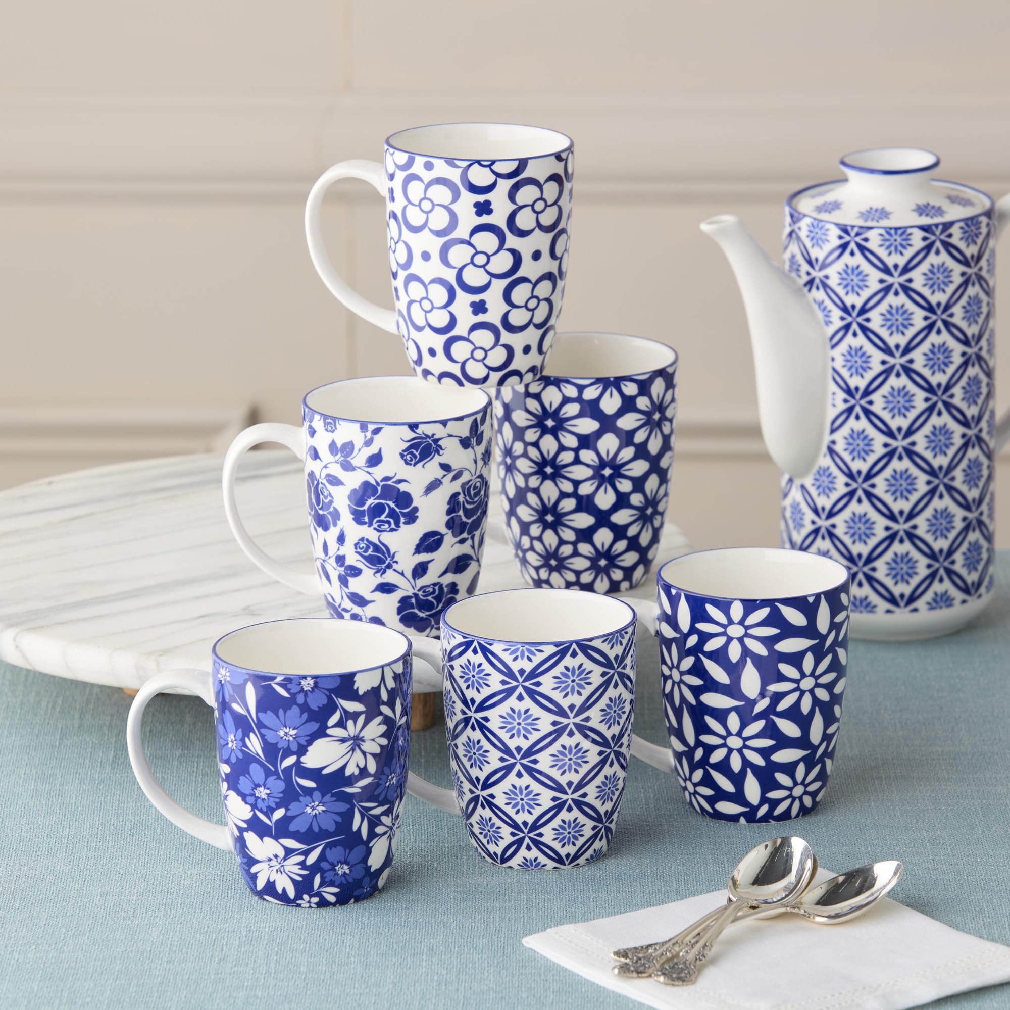 Amazon.com: Madison Set of 6 14 oz Premium Porcelain Mugs - Vibrant Blue  and White Patterns for Coffee, Tea, Lattes, and Hot Cocoa : Home & Kitchen