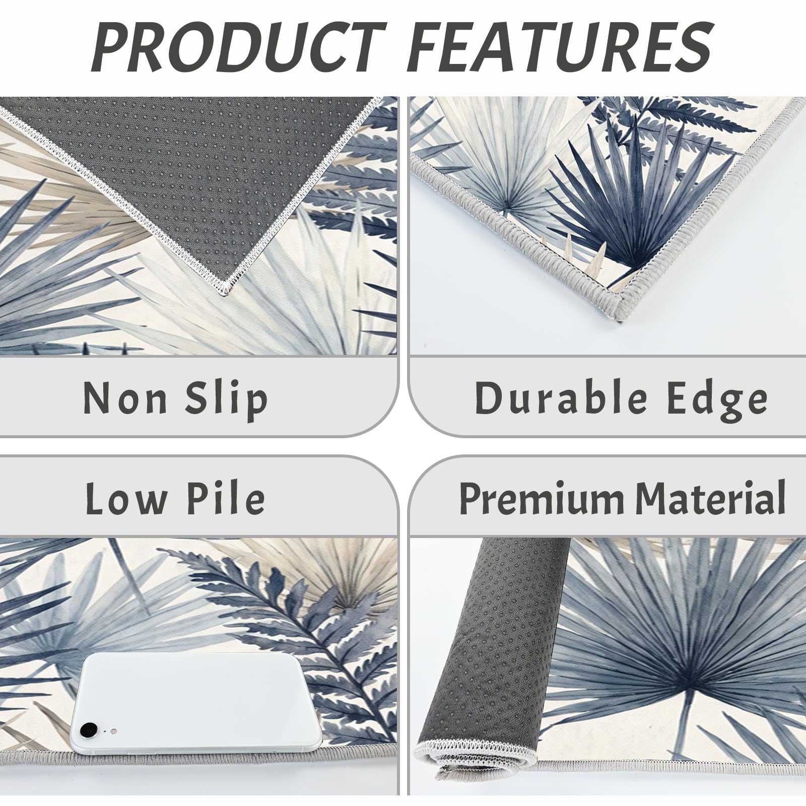 Tappeto Cucina Lavabile Antiscivolo Texture Di Foglia Di Palma Tropicale, Set Da 2 40X60+40X120Cm, Tappetino Cucina Resistente Pianta Ad Acquerello, Tappeti Passatoia Anti Fatica Facili Pulire, Blu