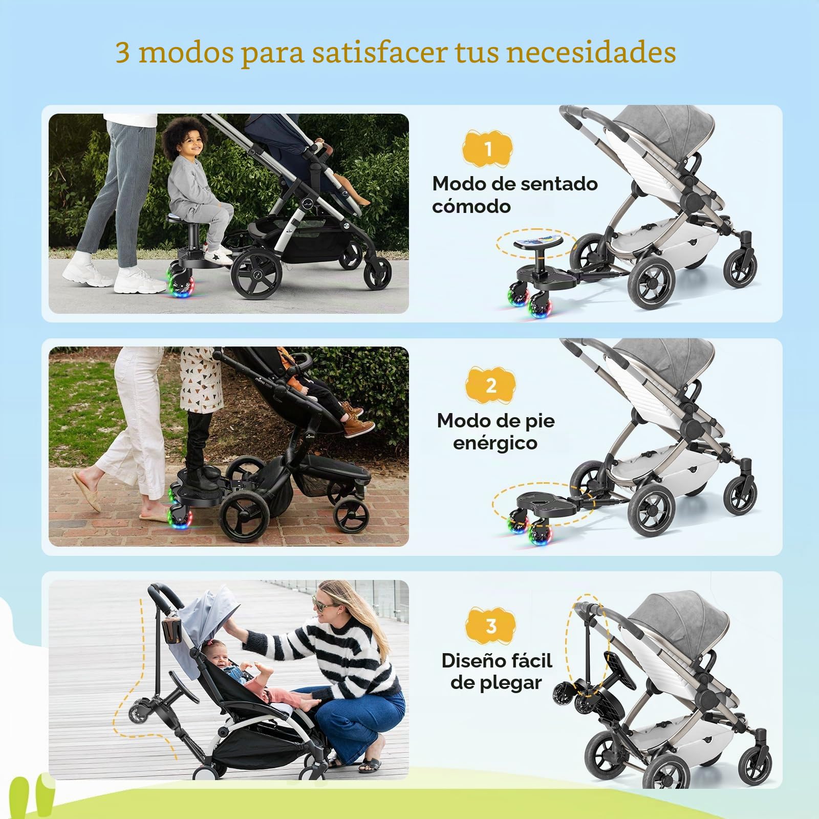 Silla de paseo con asiento, plataforma universal con ruedas LED, accesorios para niños a partir de 2 – 6 años (25 kg), accesorios para cochecito de bebé para más del 99% de los cochecitos