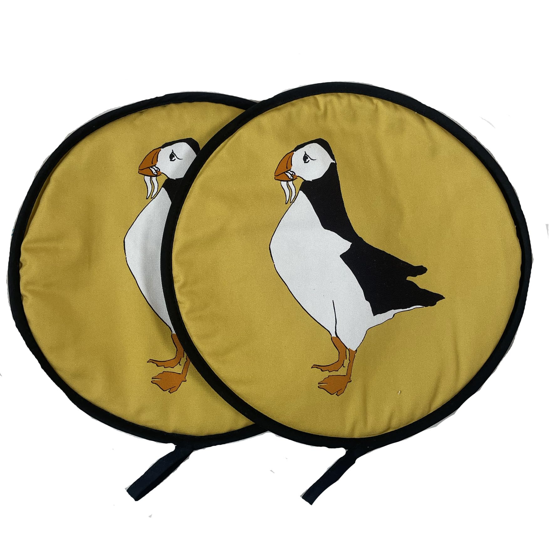 Cluck Cluck! Pair of Puffin Design Aga Chef Hob Pad in Yellow with Hanging Loop Circular 36cm 100% Natural Cotton