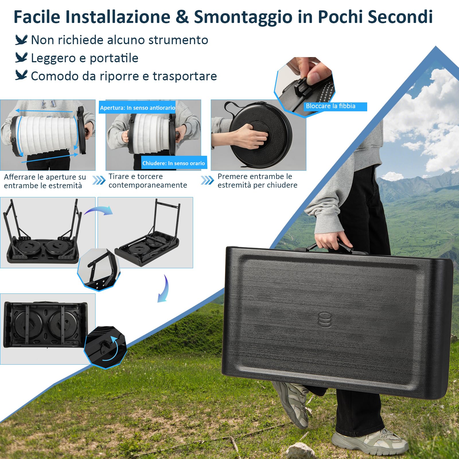 COSTWAY Set Tavolo da Campeggio con 2 Sgabelli LED Pieghevole, Set Tavolino Richiudibile in Valigetta Portatili, con Maniglia, Leggero, per Giardino Picnic BBQ