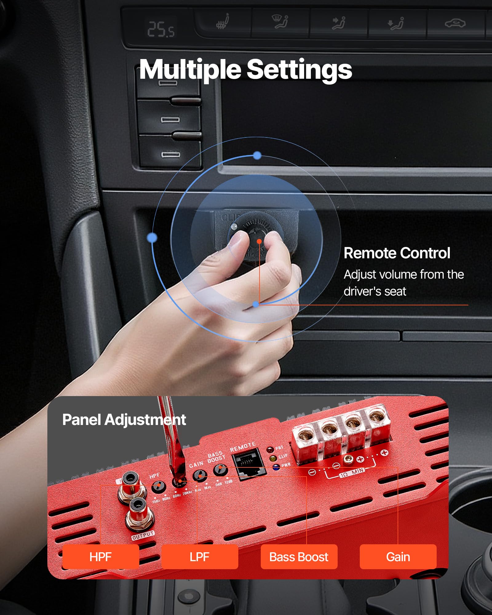 VEVOR Amplificador Monobloque para Coche de 2000 W, RMS MÁX. 1/2/4 Ohmios, Clase D/1 Canal, con Control Remoto de Nivel de Subwoofer, Filtro de Paso Bajo, Refuerzo de Graves y Control de Volumen