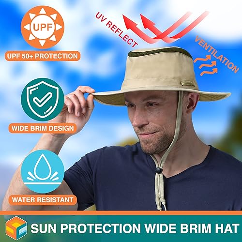 Miniatura 2 de SUN CUBE Sombrero de ala ancha para hombres y mujeres, protección solar UV, sombrero de safari para senderismo