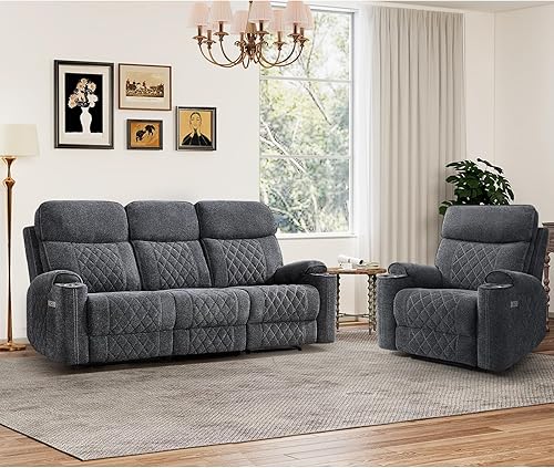 Miniatura 20 de Juego de sofá reclinable eléctrico de 2 piezas con puerto de carga, incluye silla reclinable eléctrica individual y sofá reclinable de 3 plazas para
