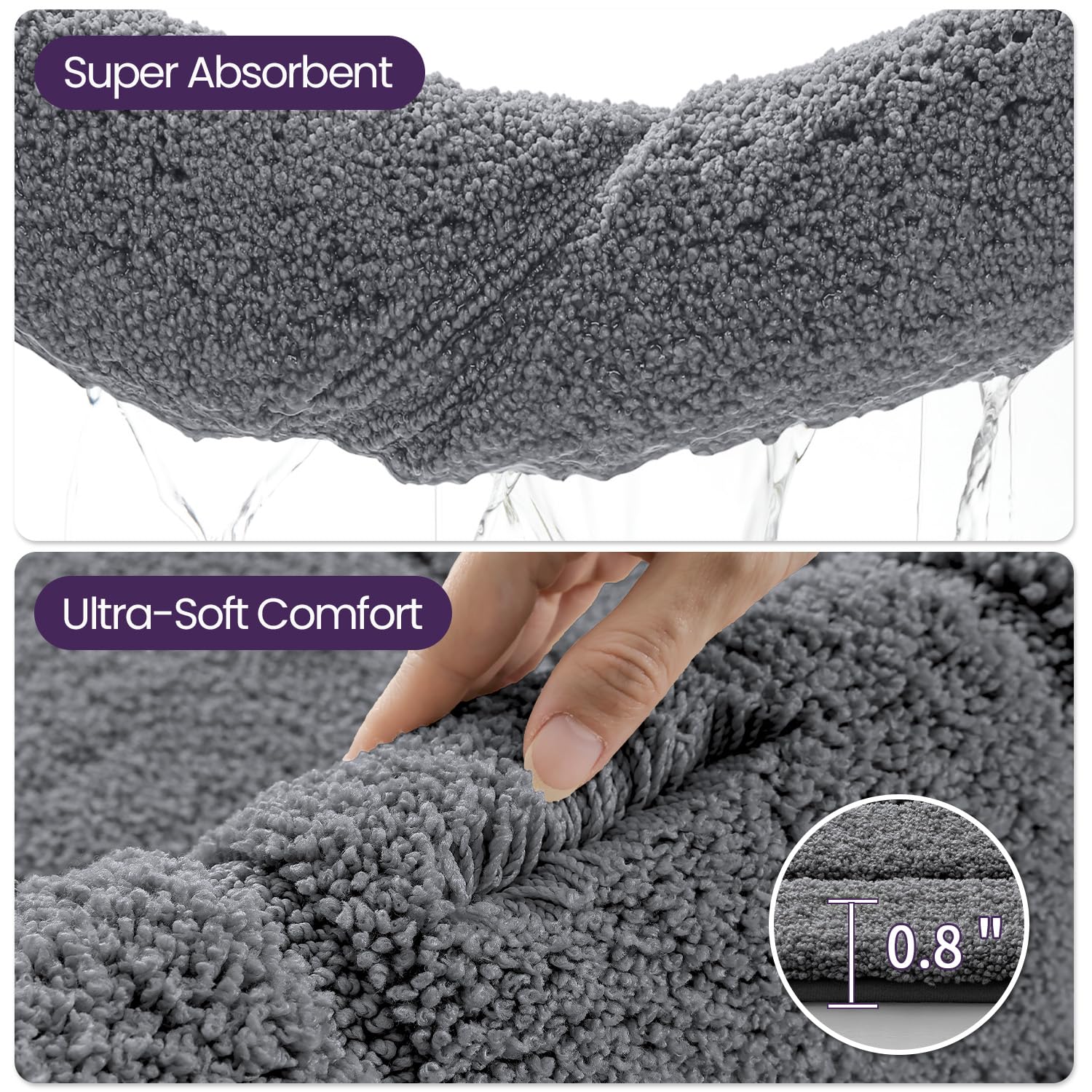 DEXI Badezimmerteppich, extra weich, saugfähig, Premium-Badteppich, rutschfeste, Bequeme Badematte, Teppich für Badewanne, Dusche, Badezimmer, maschinenwaschbar, 61 x 109 cm, Grau