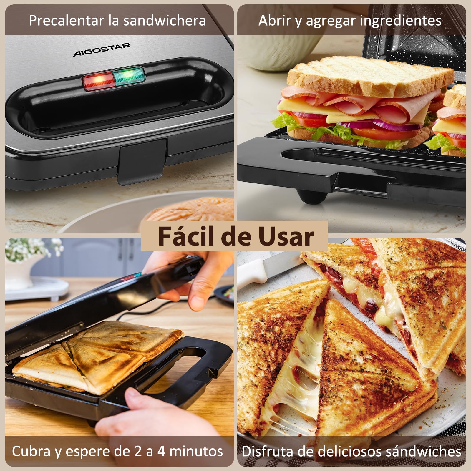 Aigostar - Sandwichera 2 Sandwiches, Revestimiento Cerámico Antiadherente, Control Automático de Temperatura 180-200℃, Luces Indicadoras, Asa de Toque Frío, Almacenamiento Vertical, 750W, Lamo Pro