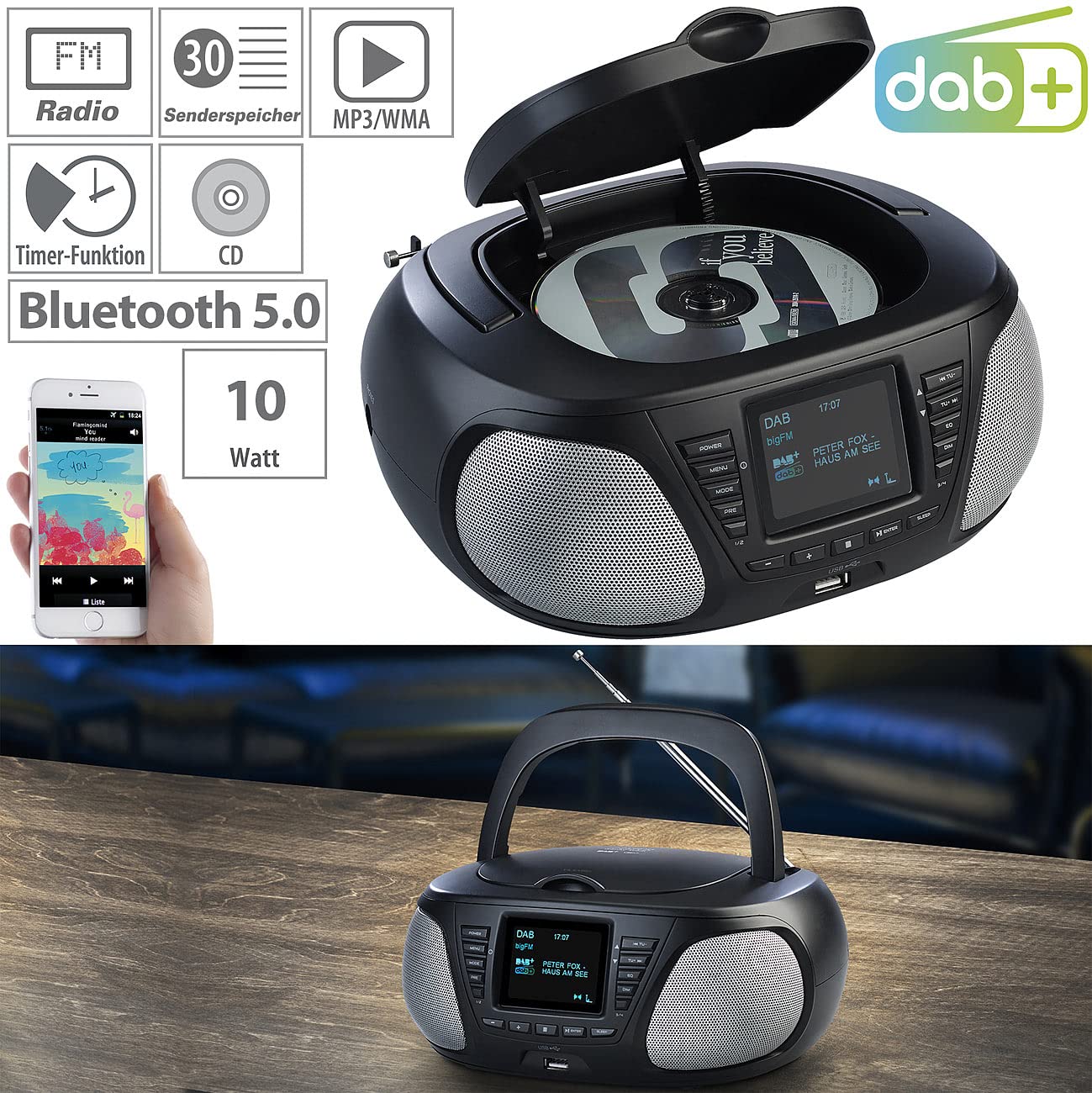 VR-Radio CD Player: Mobile Stereo-Boombox mit DAB+/FM, Bluetooth, CD, AUX, 10 Watt (Radio, tragbarer Player, Lautsprecher)