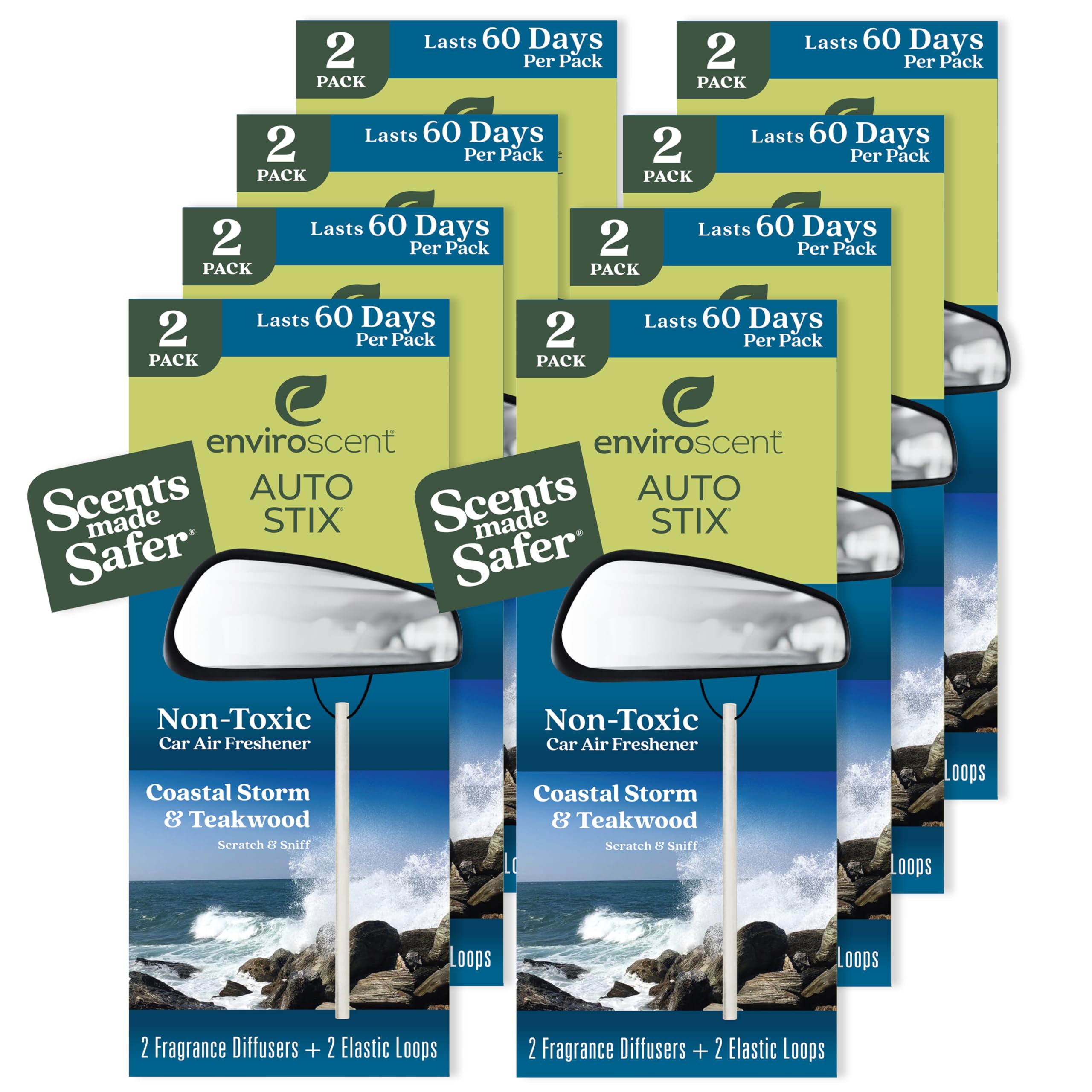 Enviroscent Non-Toxic Car Air Freshener | Natural Car Air Freshener | Essential Oil Diffuser | Car Scent Lasting Over 480 Days | 8 Packs of 2 Hanging Auto Stix (Coastal Storm & Teakwood)