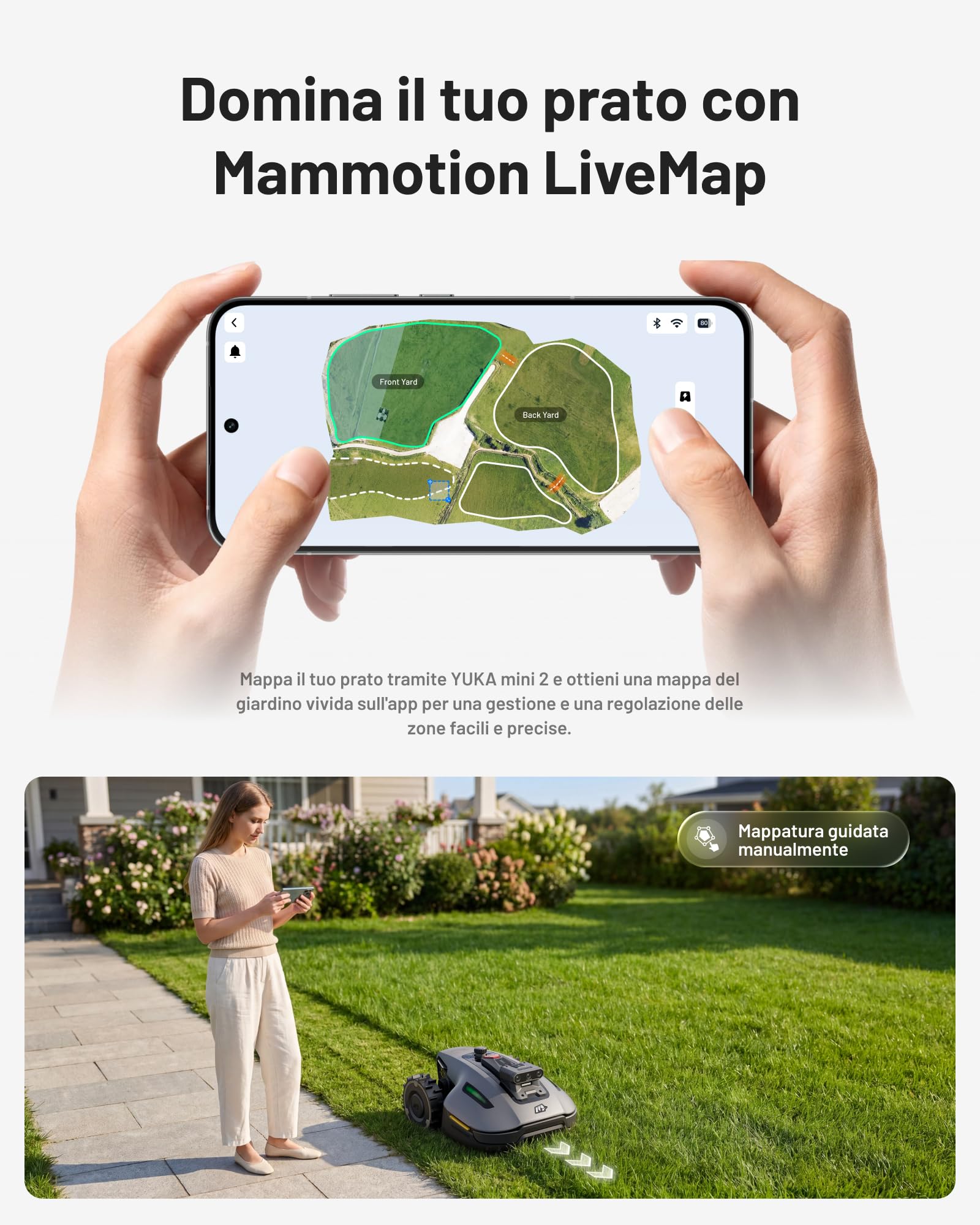 MAMMOTION YUKA mini 2 500 Robot Tagliaerba senza Filo Perimetrale, Nessuna Perdita di Segnale, Senza RTK, Visione AI Tri-Cam, DropMow, Mappatura Auto Multi-zona