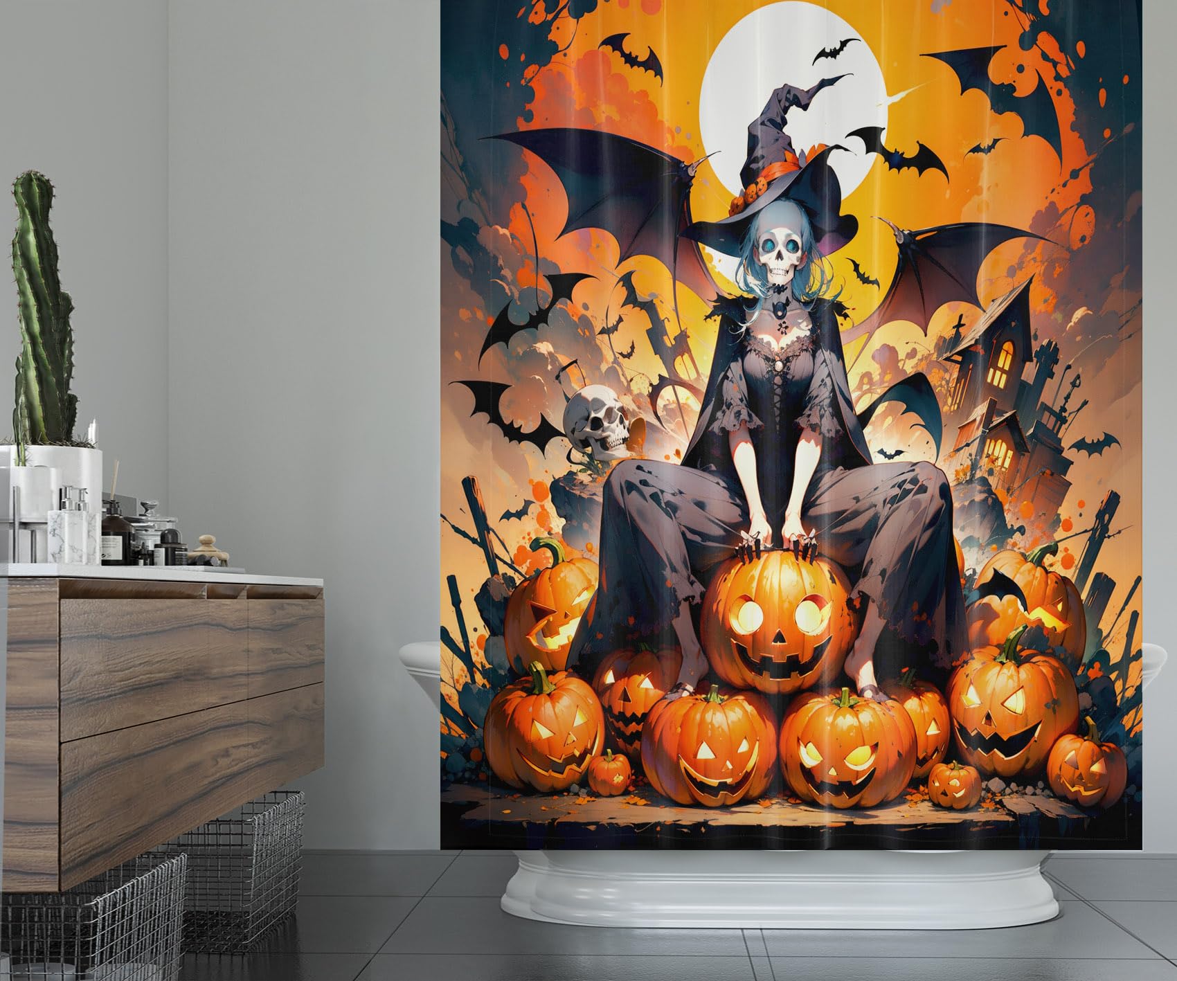 Amazon｜ハロウィンシャワーカーテンセット 72x72インチ フック付き