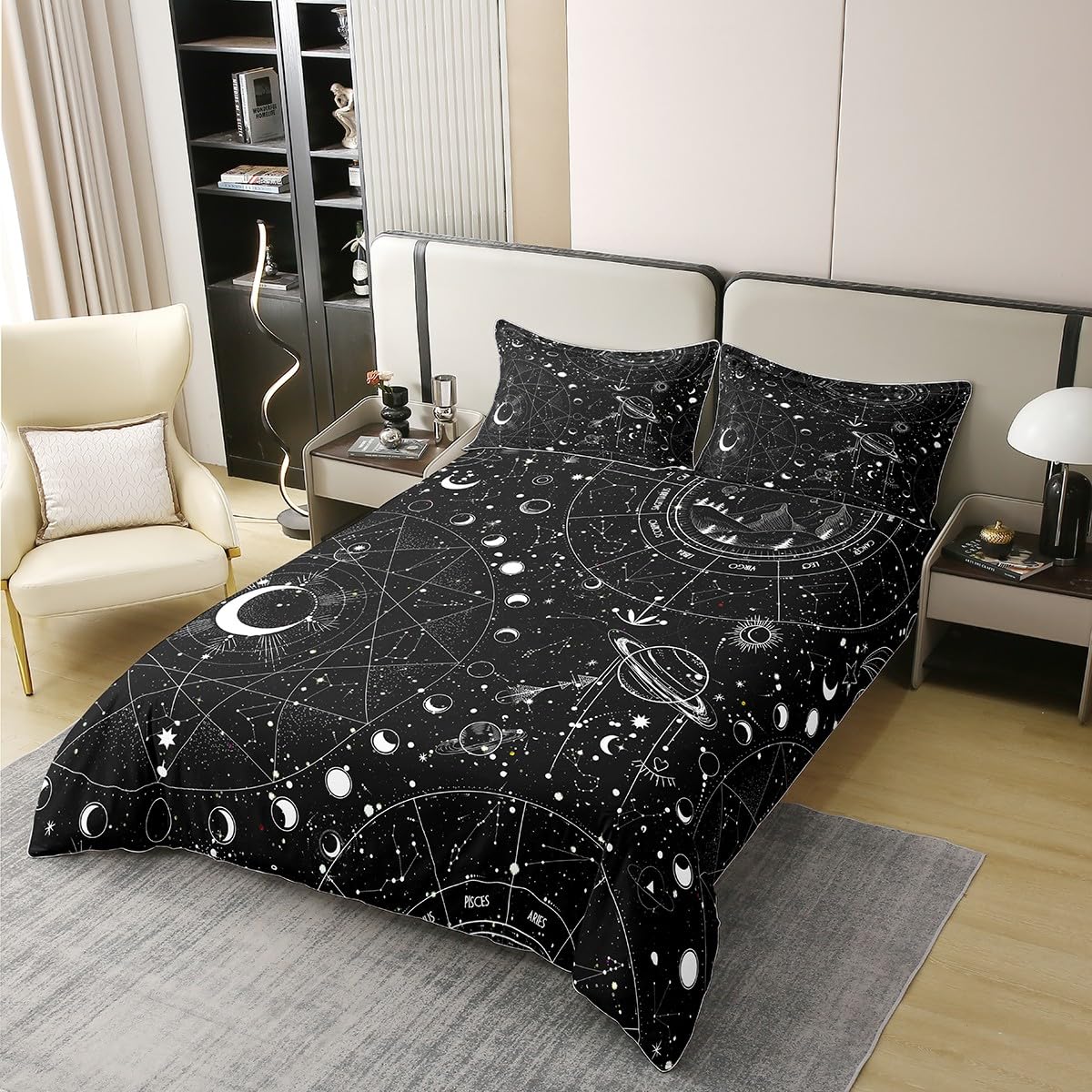 ABAKUHAUS Set copripiumino Magic Moon per letti singoli, astronomia sole e luna, antiacaro, adatto a chi soffre di allergie, con federa, 135 cm x 200 cm - 80 x 80 cm, grigio antracite bianco