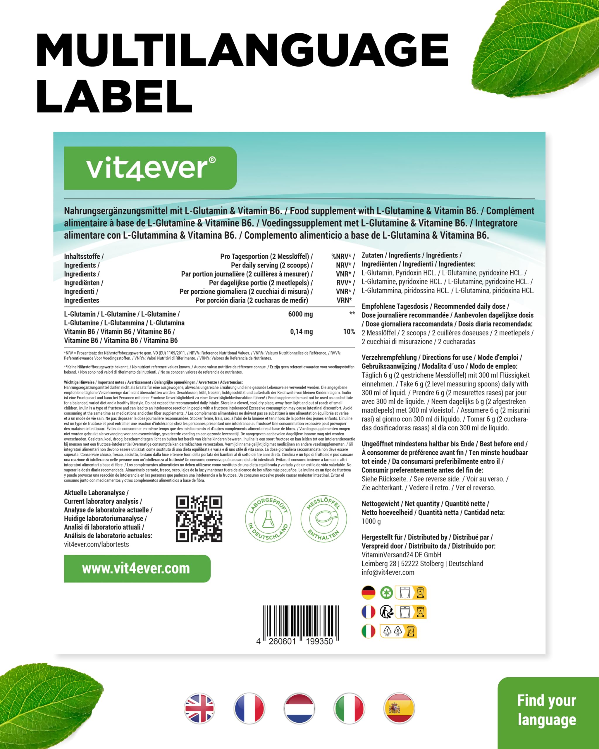 vit4ever L-Glutamin Pulver - 1000 g - ultrareines Aminosäurenpulver | Pflanzliche Fermentation, extra hochdosiert, 100% vegan