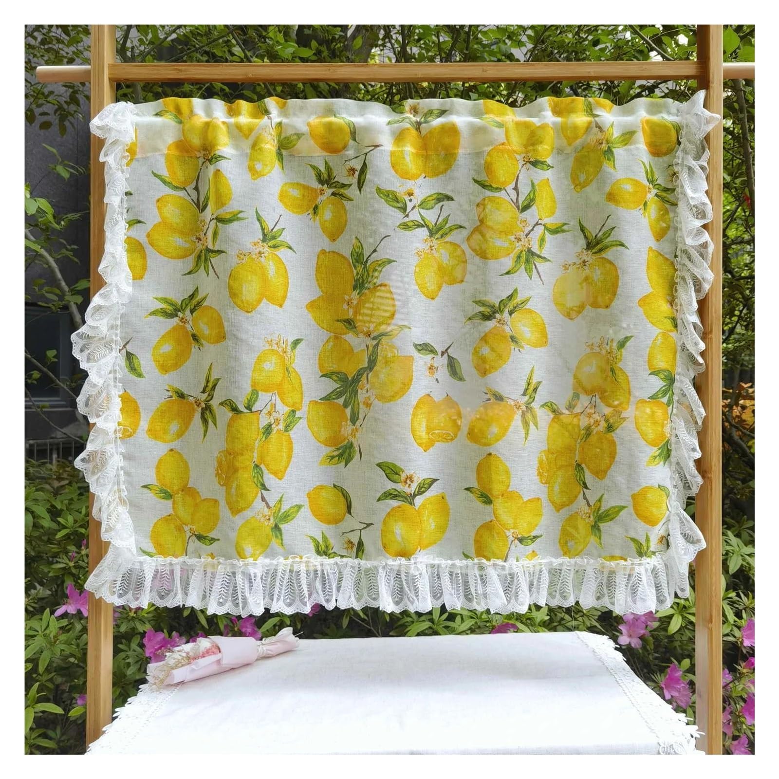 Landhausstil Kurzgardine Kurze Vorhänge Tiers Rüschen Spitze Sheers for Zimmer Küche Halb Fenster(Yellow,1 Panel W100xH80cm)