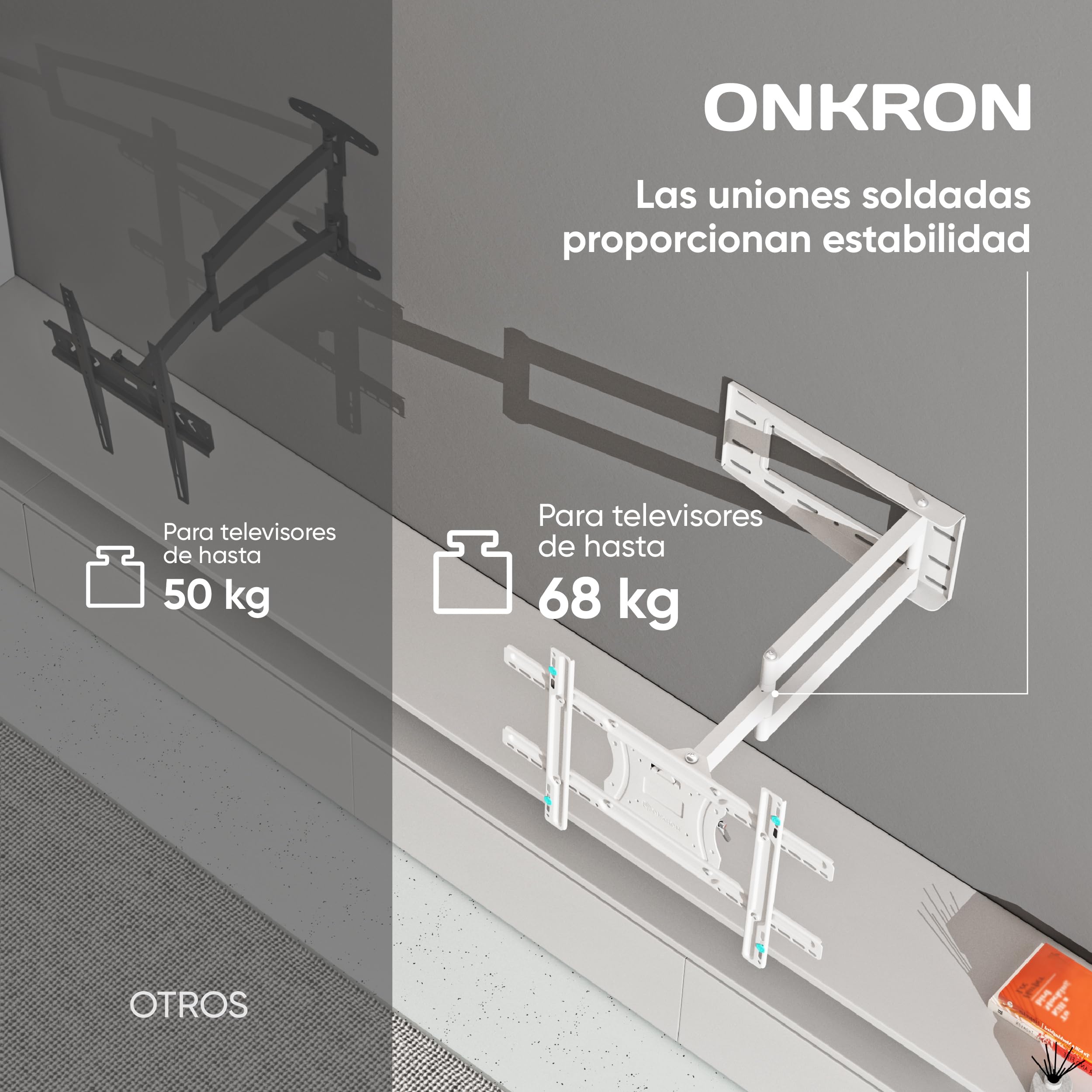 ONKRON Soporte Television Pared 40-75 Pulgadas, hasta 68 kg, VESA 100x100-600x400 mm, Soporte TV Pared Articulado, Inclinable y Giratorio 180°, Brazo TV Extensible, Colgador Televisor Blanco M7L-W