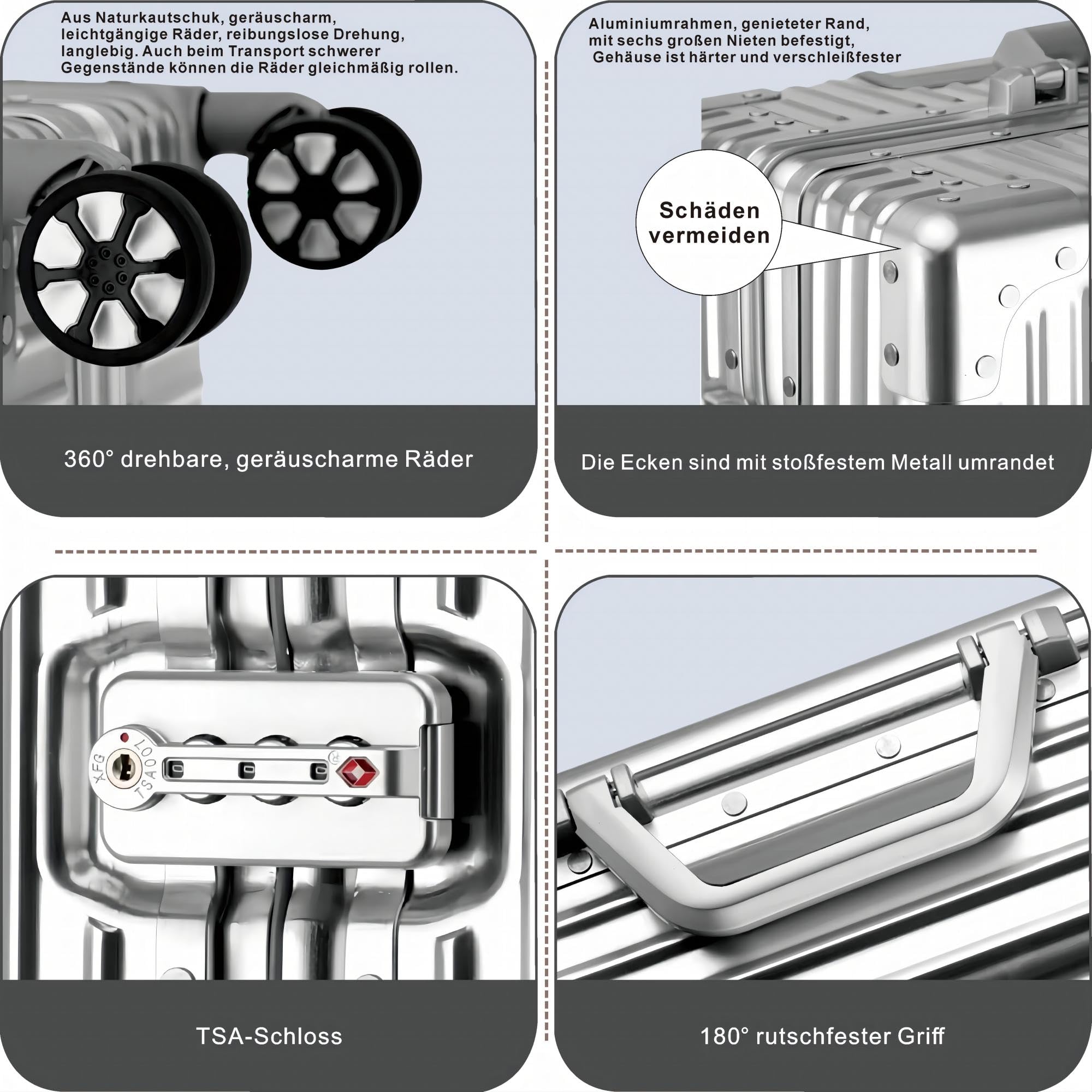 Valigia da viaggio in alluminio, con manico telescopico, TSA, 4 ruote, argento, L, Trolley rigido in alluminio con ruote orientabili