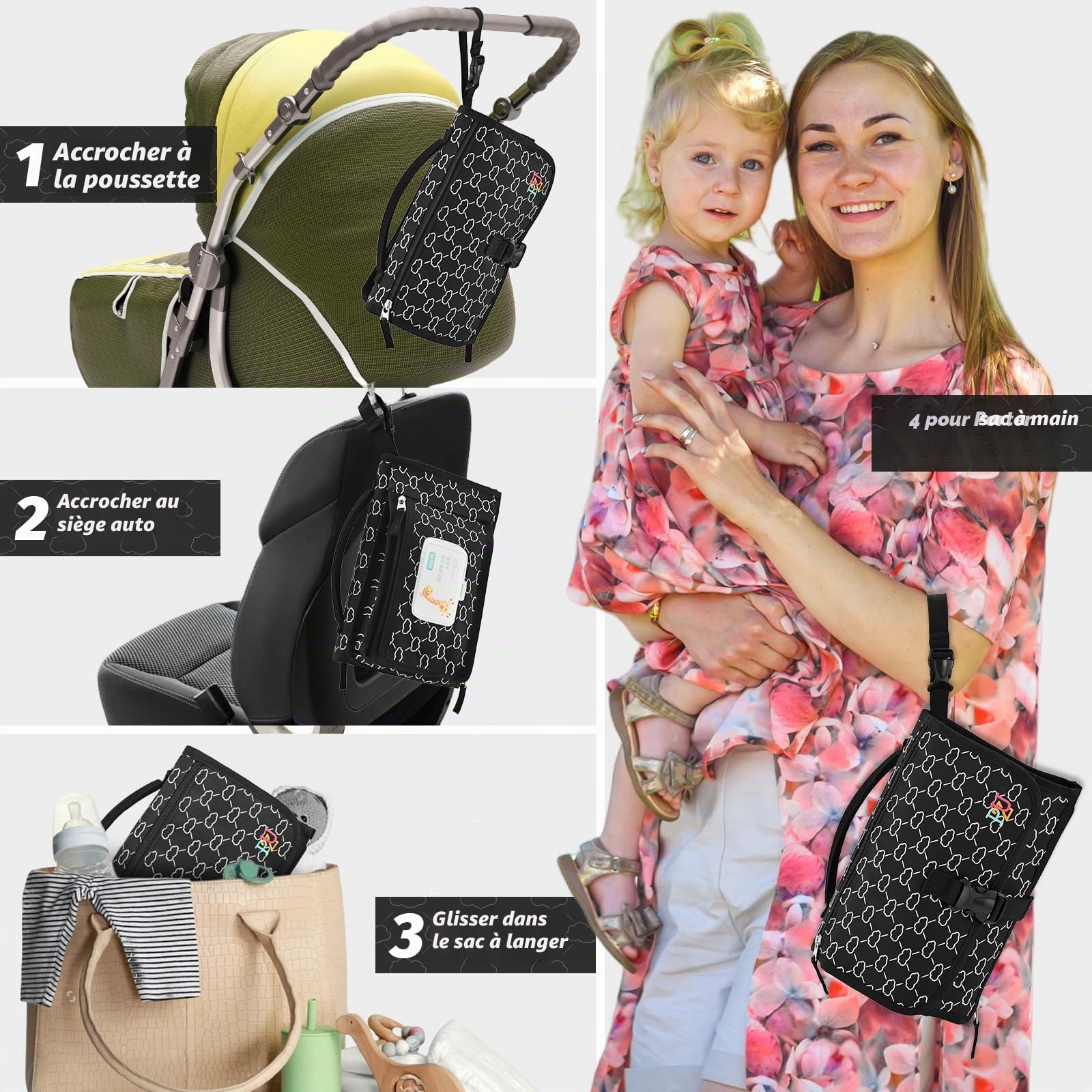 Matelas à langer portable pour bébé avec sac de nettoyage, imperméable et facile à nettoyer, noir
