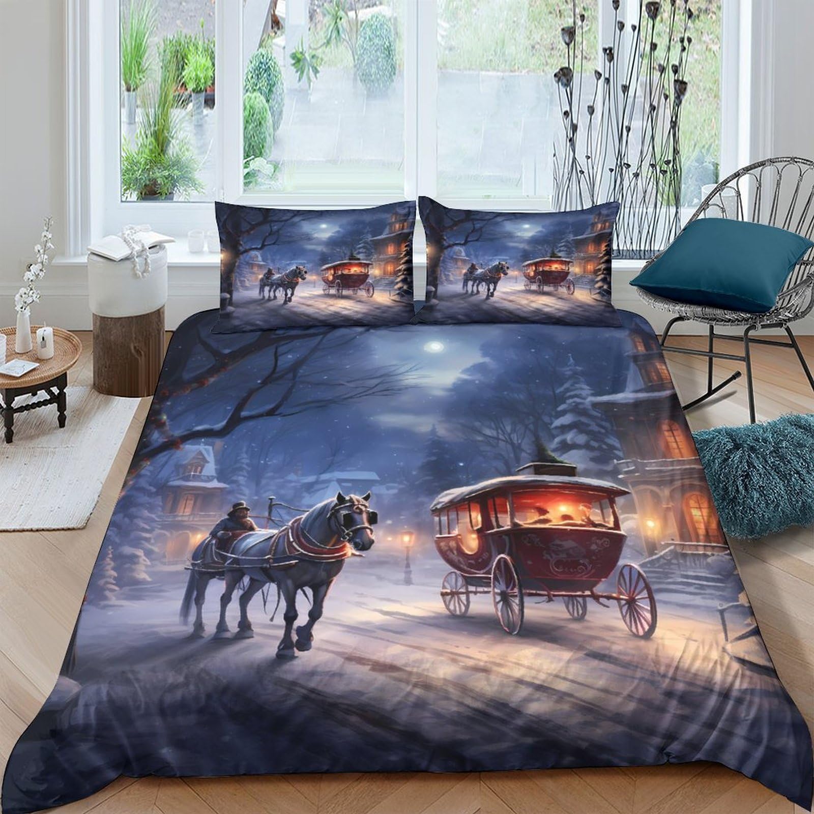 Ctjqhvkz Style-5 3D Printed Winter Carriage Fitted Sheet Microfiber Snowy Night Horse Bed Cover For Bedroom Guest Dorm Decor Single（135X200cm）