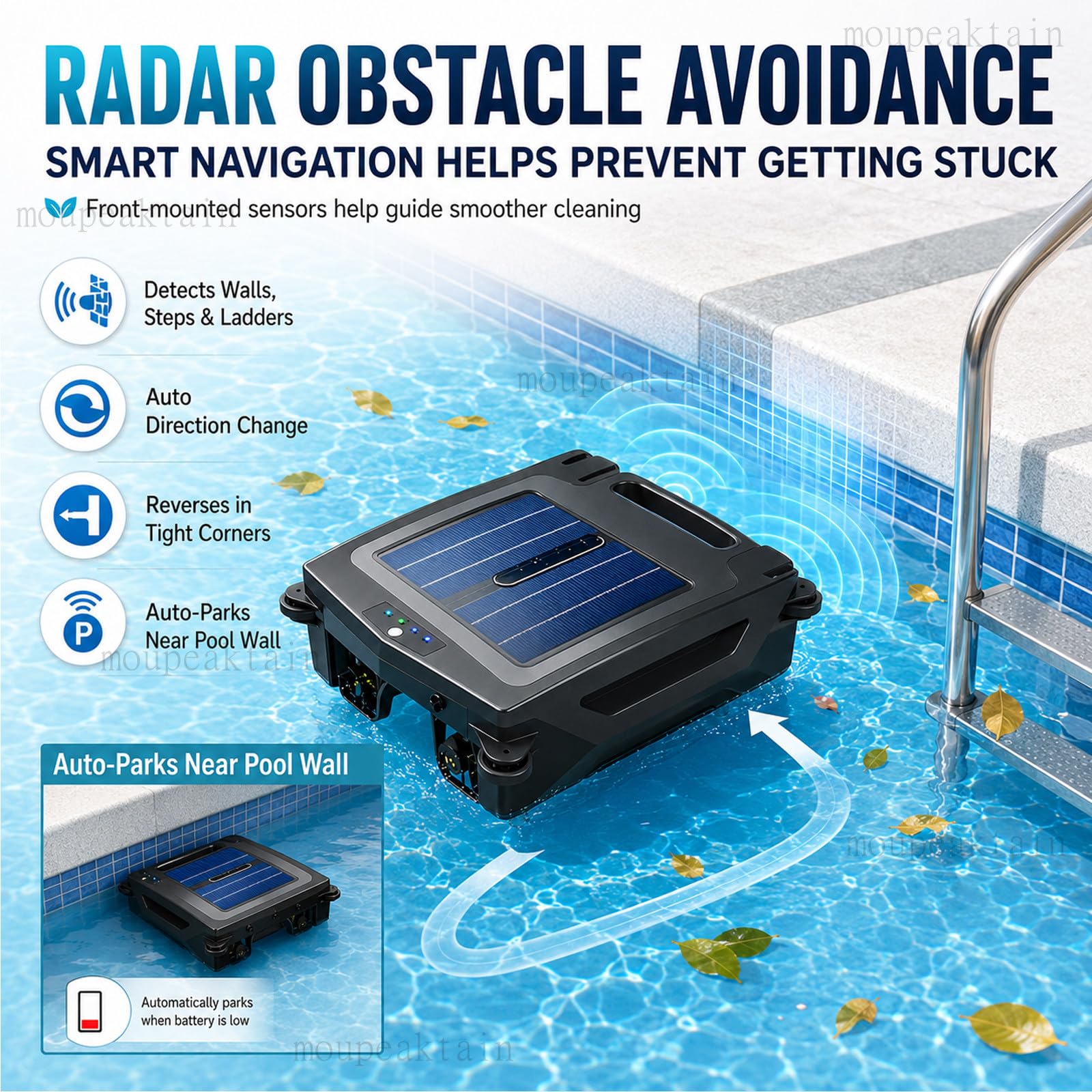 Robot Skimmer Solar para Piscinas, Skimmer Piscina Sin Cable para Hojas E Insectos, Control por App, 2 Modos De Velocidad, Cesta De 4,1L, Detección por Radar, para Piscinas De hasta 80m²