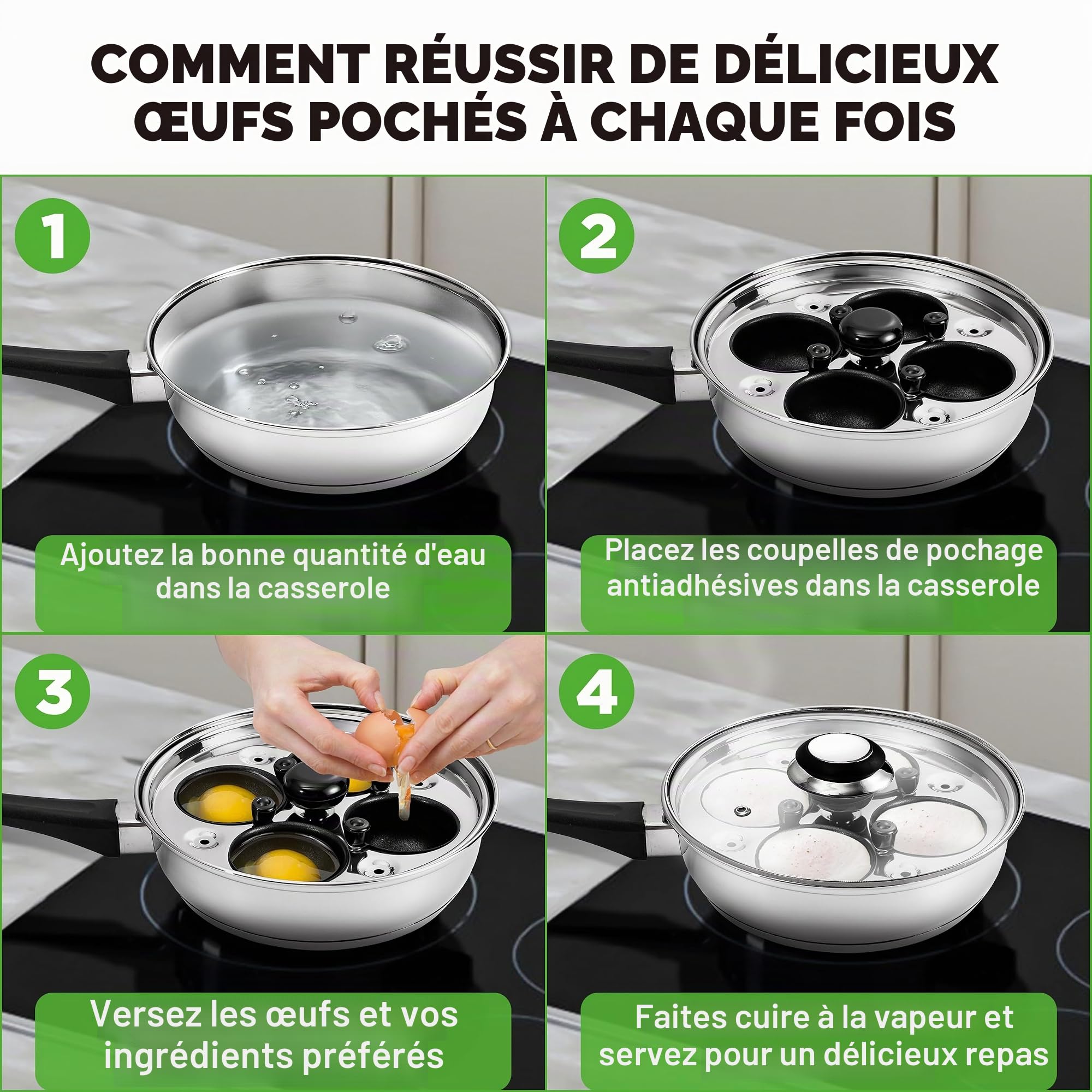 NutriChef Poêle à Œufs Pochés 4 Moules en Inox 20 cm – Cuiseur à Œufs Antiadhésif avec Couvercle en Verre, Minuterie et Accessoires, Compatible Induction, Gaz et Électrique, Pour Œufs Pochés Parfaits
