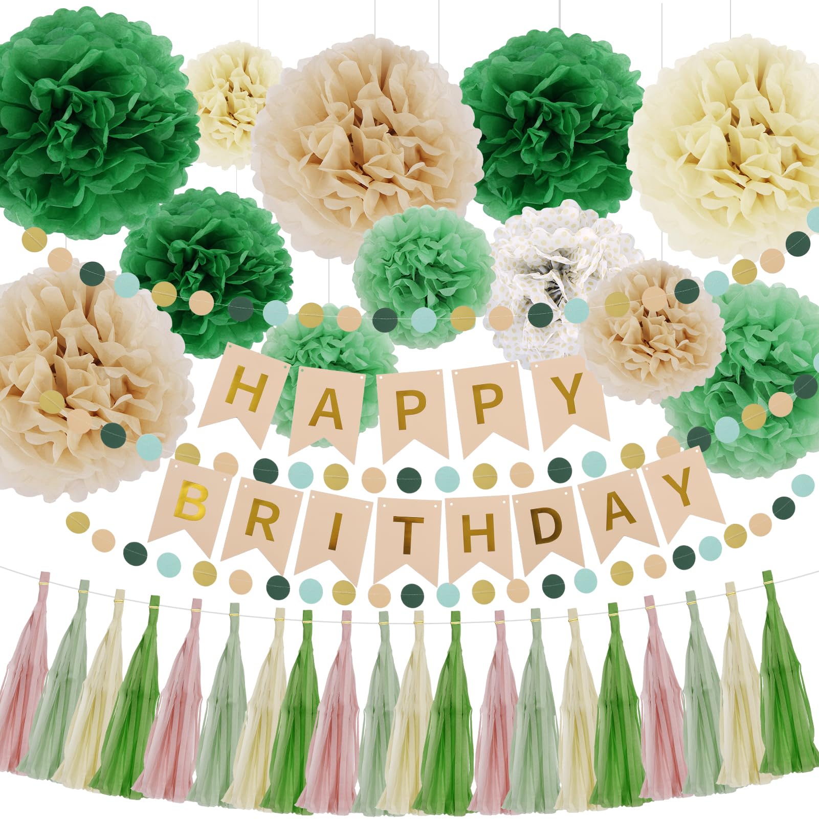 Sage Green and Retro Pink Happy Birthday Party Decorations Olive Green Tissue Paper Pompoms Beige Paper Fans Lanterns Tassel Garland Banner Neutral Birthday Decorations for Bridal Shower Wedding
