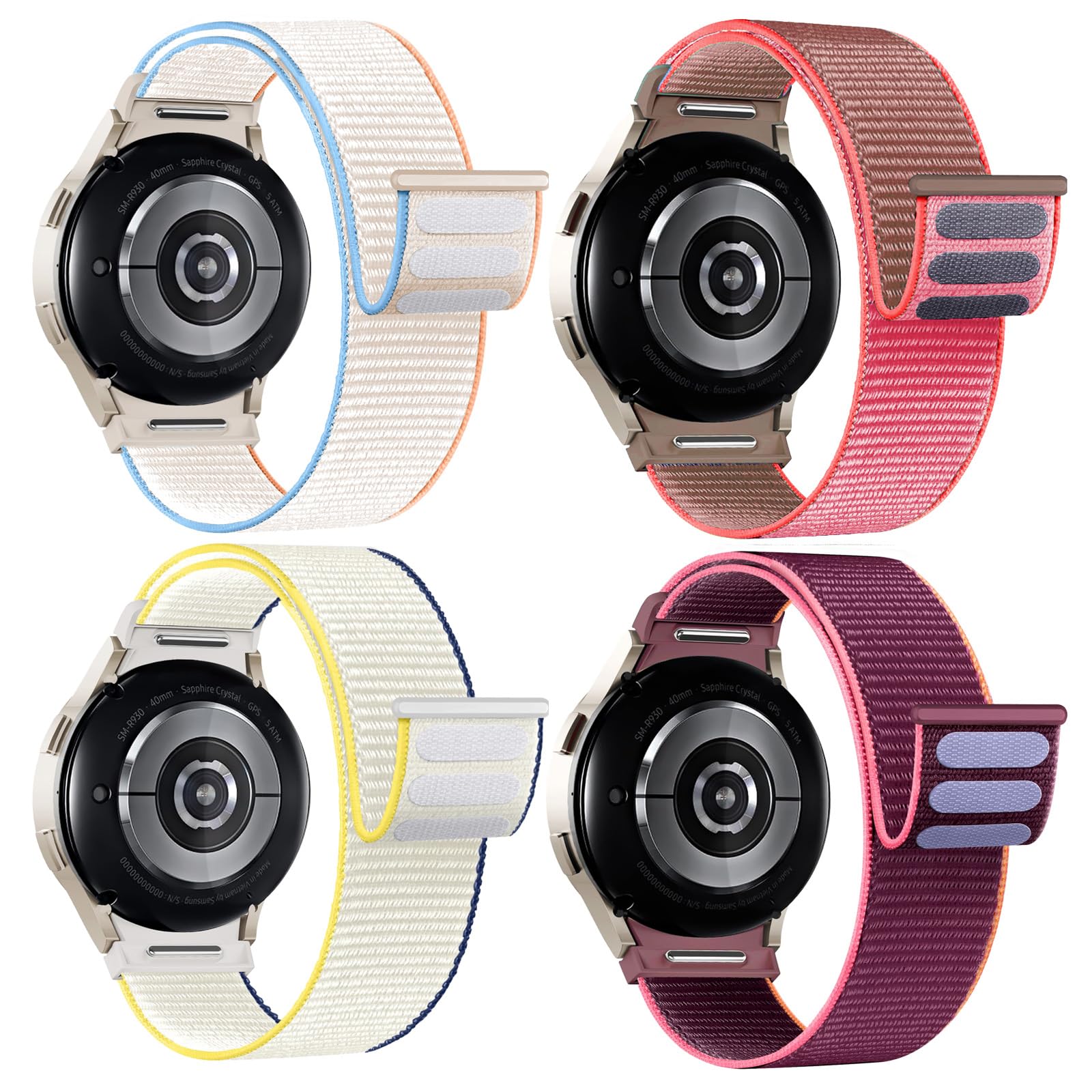 Nylon Bands for Samsung Galaxy Watch 7 6 5 4 FE Band 40mm 44mm/Watch 6 4 Classic 43mm 47mm 42mm 46mm/5 Pro 45mm,One Click No Gap Fabric Sport Strap Wristband for Samsung Watch 4 5 6 7 FE Women Men,4 Pack