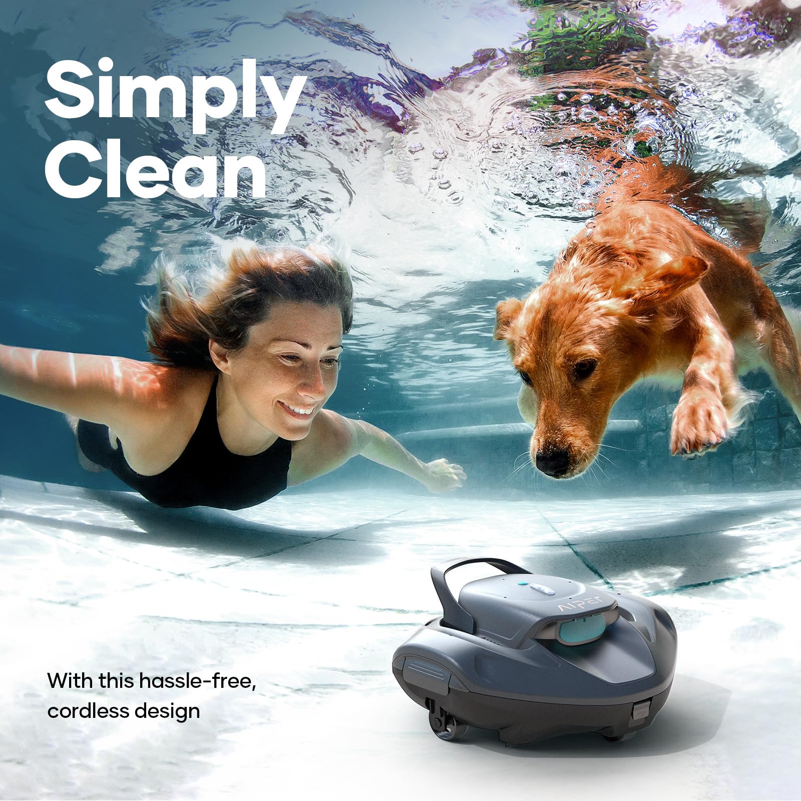 AIPER Kabelloser Poolroboter, Poolsauger Akku mit Doppelantrieb, Poolreinigungs Geeignet für Flache Pools bis zu 80 m2 Dauer 90 Minuten(Generalüberholt)