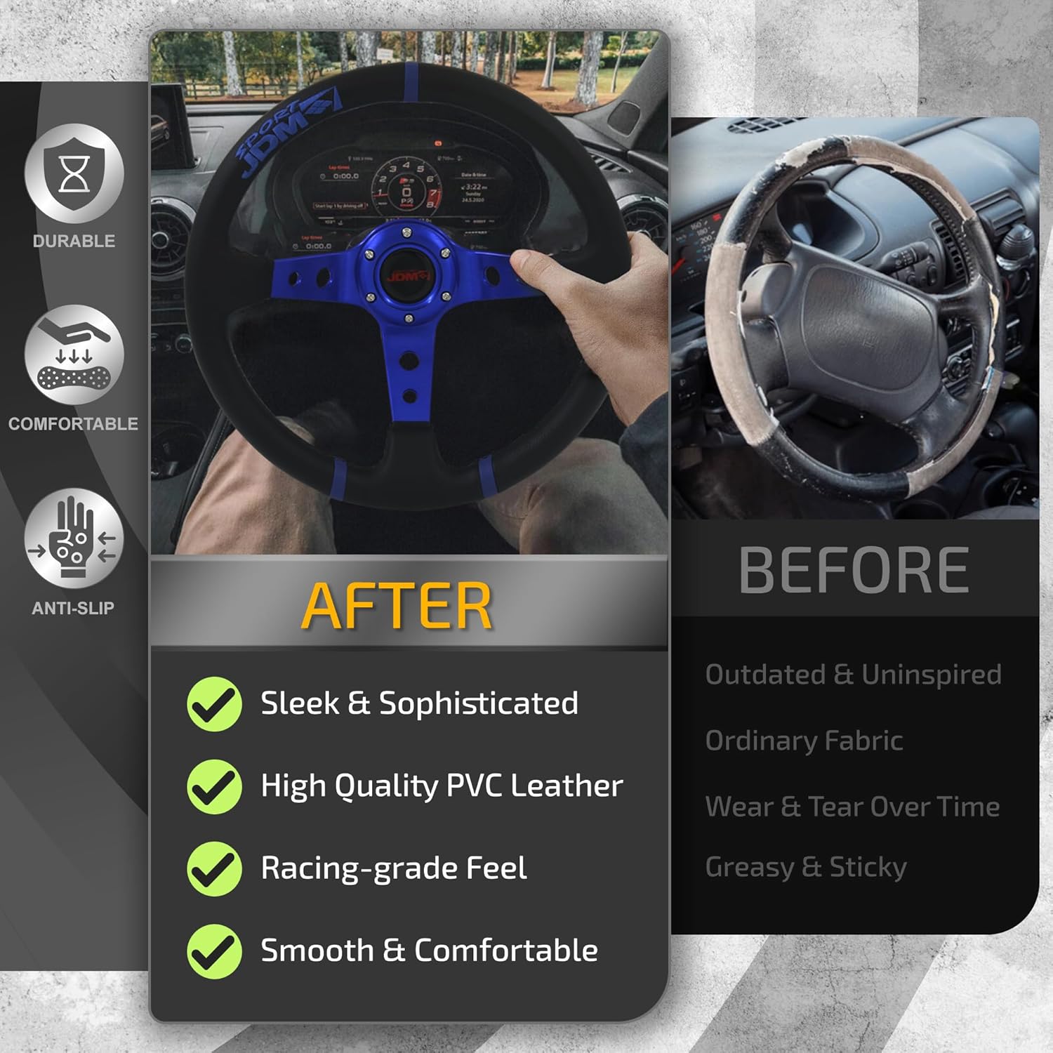 AJP Distributors Universal 350mm 14" Steering Wheel 6 Bolts Hole Black PVC Leather 3 Blue Stripe Light Weight Aluminum 3 Spoke Center Deep Dish Horn Button Grip Stance JDM VIP Sport