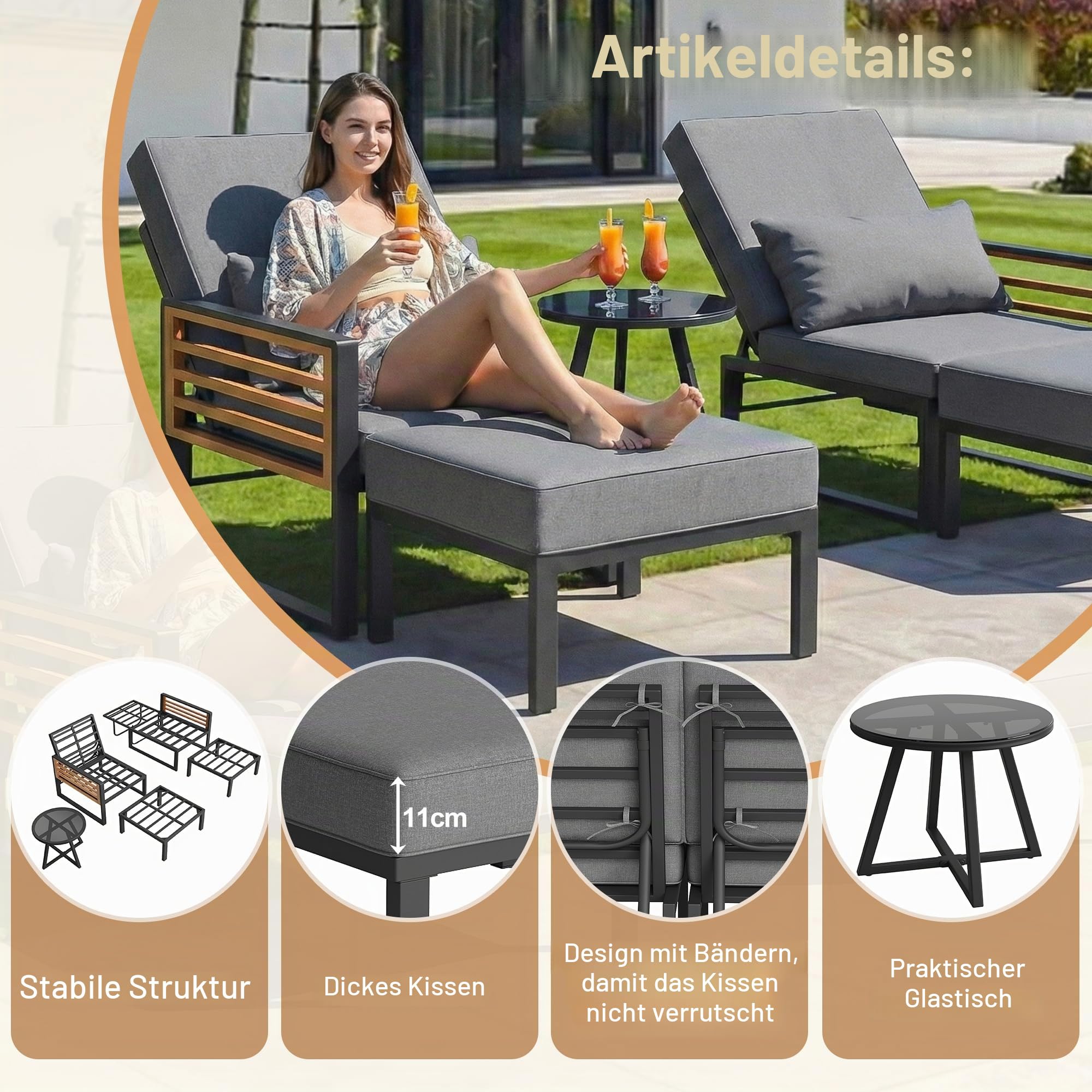 Garten-Lounge-Set für 2-4 Personen, Doppel-Liege & Outdoor Daybed mit Verstellbarer Rückenlehne, nutzbar als Outdoor-Sofa, Bett, Inkl. Rücken- und Sitzkissen